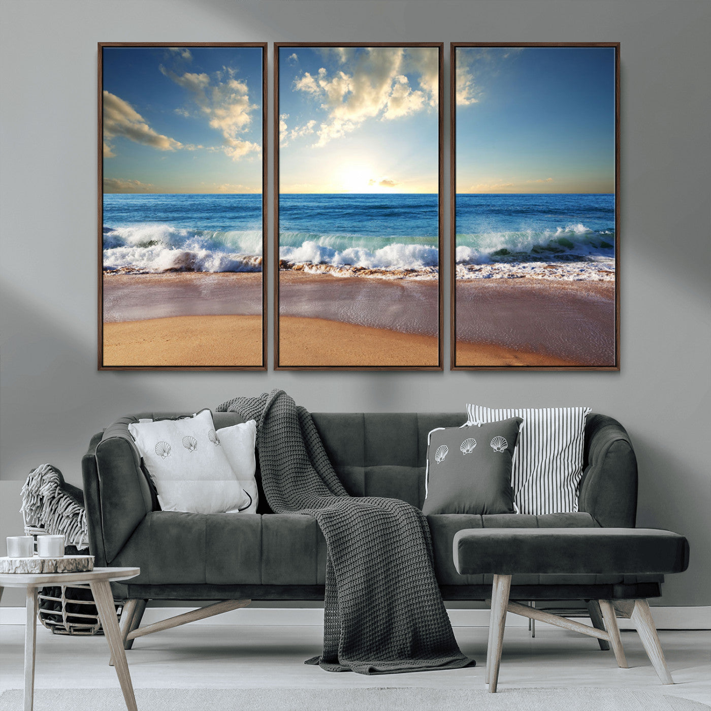MGV-FC-48X32-3P - Serene Ocean Sunset Canvas Wall Art - Beach Waves at Sunset, Ready to Hang