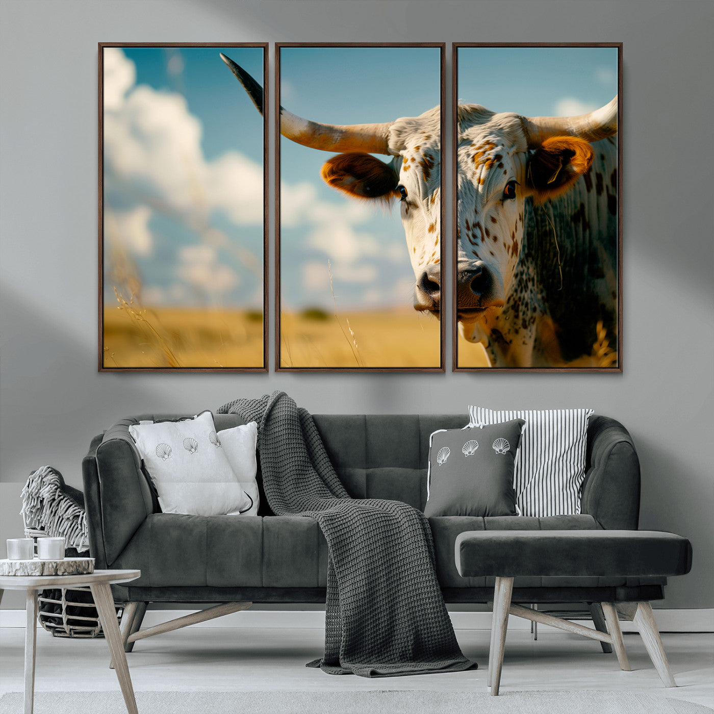 MGV-FC-48X32-3P - Longhorn in the Prairie - Stunning Ranch-Style Triptych Wall Art for Western Home Decor, Cowboy Wall