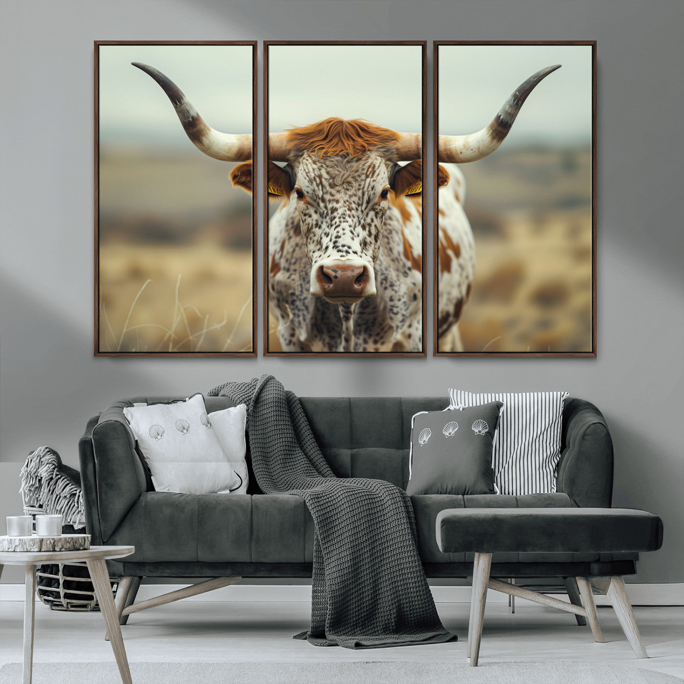 MGV-FC-48X32-3P - Texas Cow Longhorn Wall Art Canvas Print for Farm House Wall Decor, Farmhouse Wall Art Print
