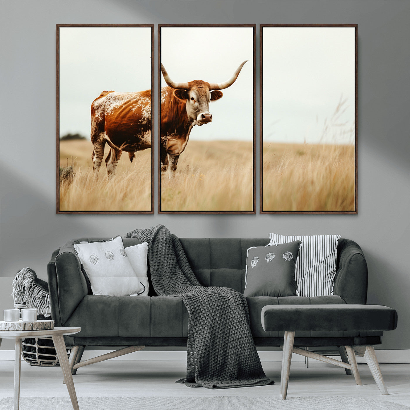 MGV-FC-48X32-3P - Texas Longhorn Canvas Wall Art Print – Majestic Western Cattle in Rustic Farmhouse Decor – Cow Wall