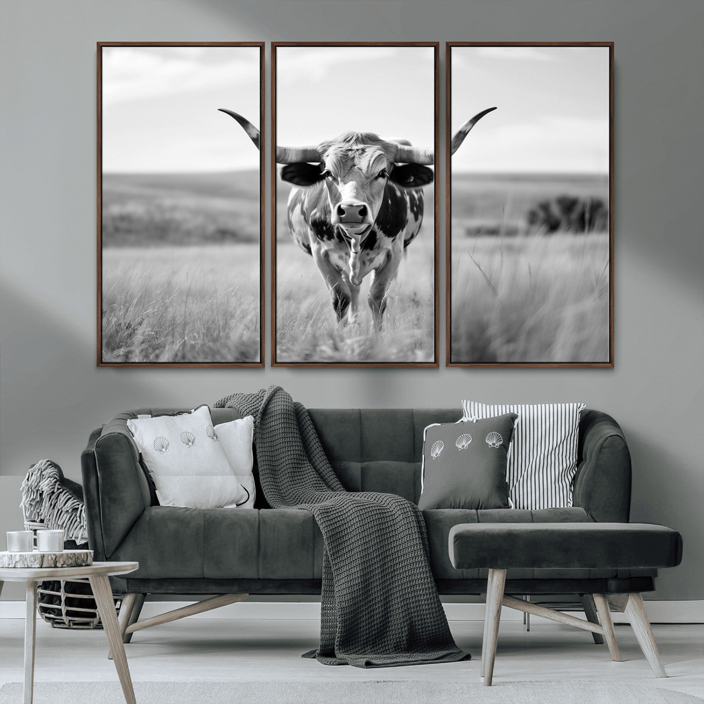 MGV-FC-48X32-3P - Texas Cow Longhorn Wall Art Canvas Print for Farm House Wall Decor, Farmhouse Wall Art Print