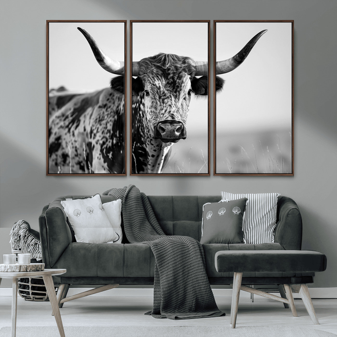 MGV-FC-48X32-3P - Texas Highland Cow Longhorn Canvas Print - Rustic Farmhouse Wall Art - Large Texas Longhorn