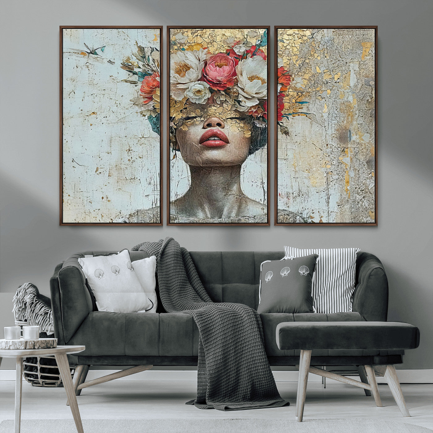 MGV-FC-48X32-3P - Golden Petal Wall Art Canvas Print - Silhouette Woman Wall Art Canvas Print, Floral Woman Portrait