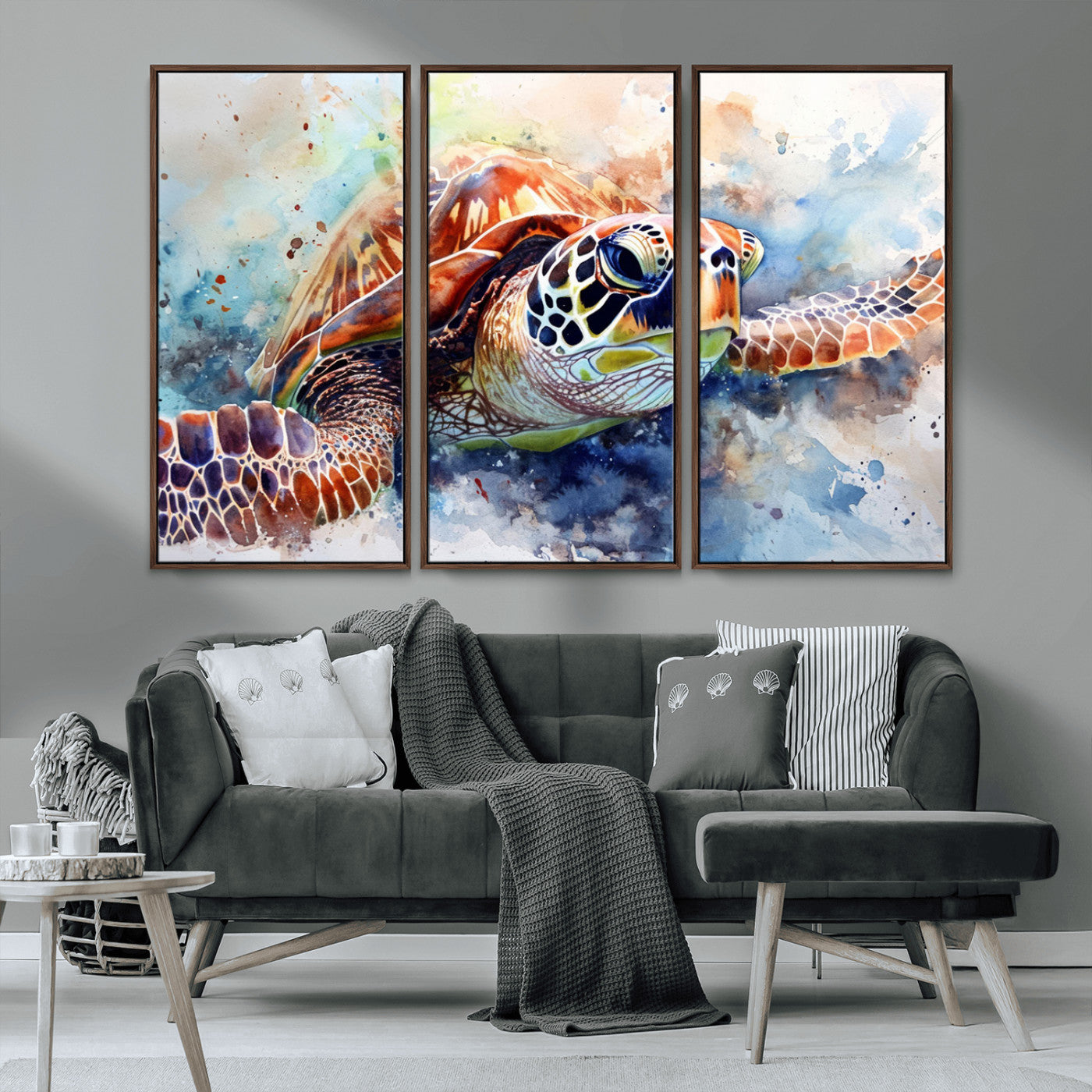 MGV-FC-48X32-3P - Watercolor Sea Turtle Wall Art Canvas Print - Vibrant Ocean Colors in Watercolor Style - Ready to