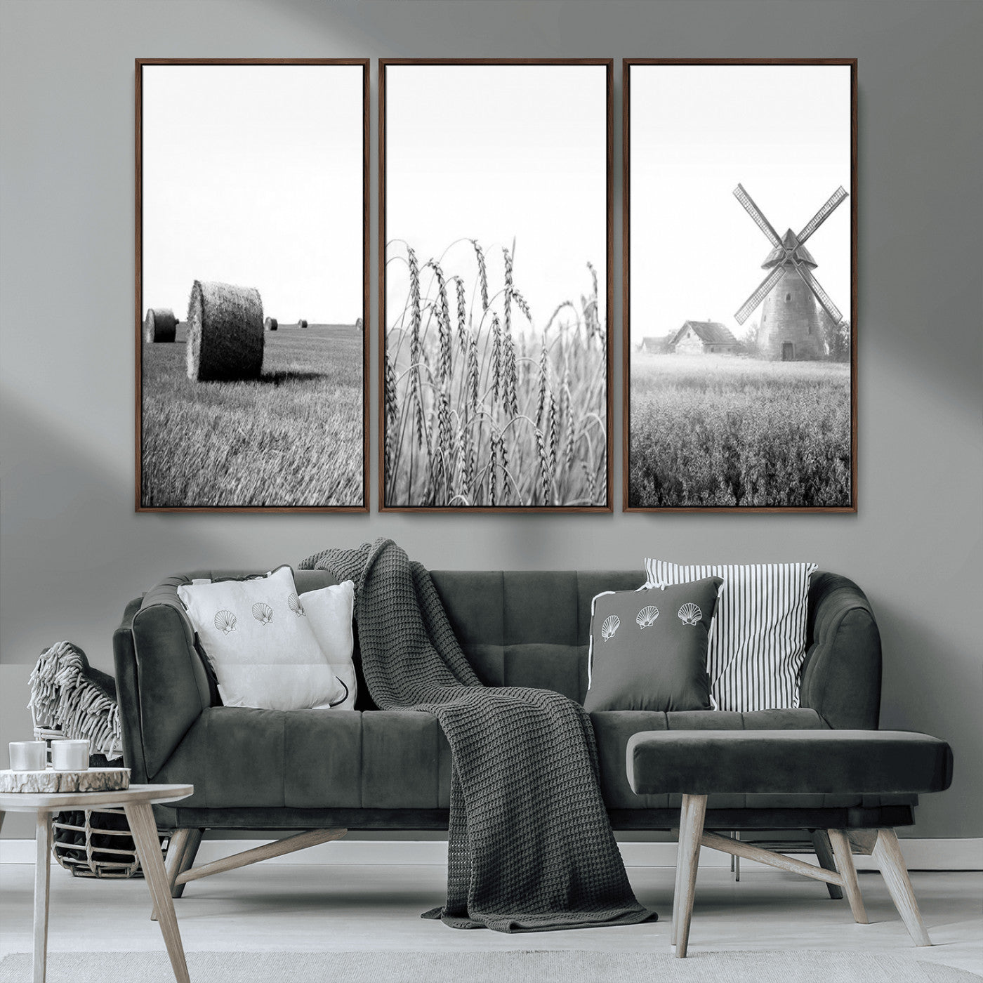 MGV-FC-48X32-3P - Vintage Farmhouse Black and White Triptych Wall Art – Giclee Canvas Featuring Wheat Fields, Hay