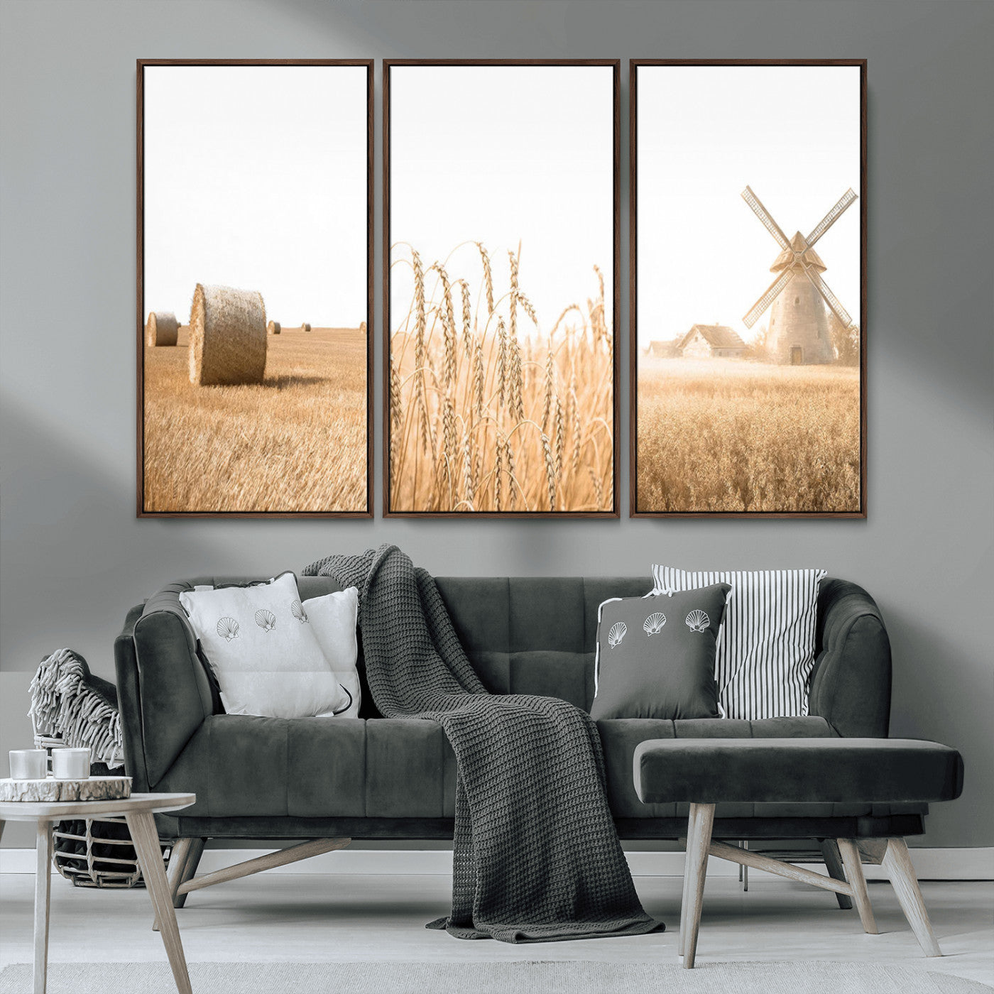 MGV-FC-48X32-3P - Vintage Farmhouse Triptych Wall Art – Giclée Canvas Featuring Wheat Fields, Hay Bales, and a