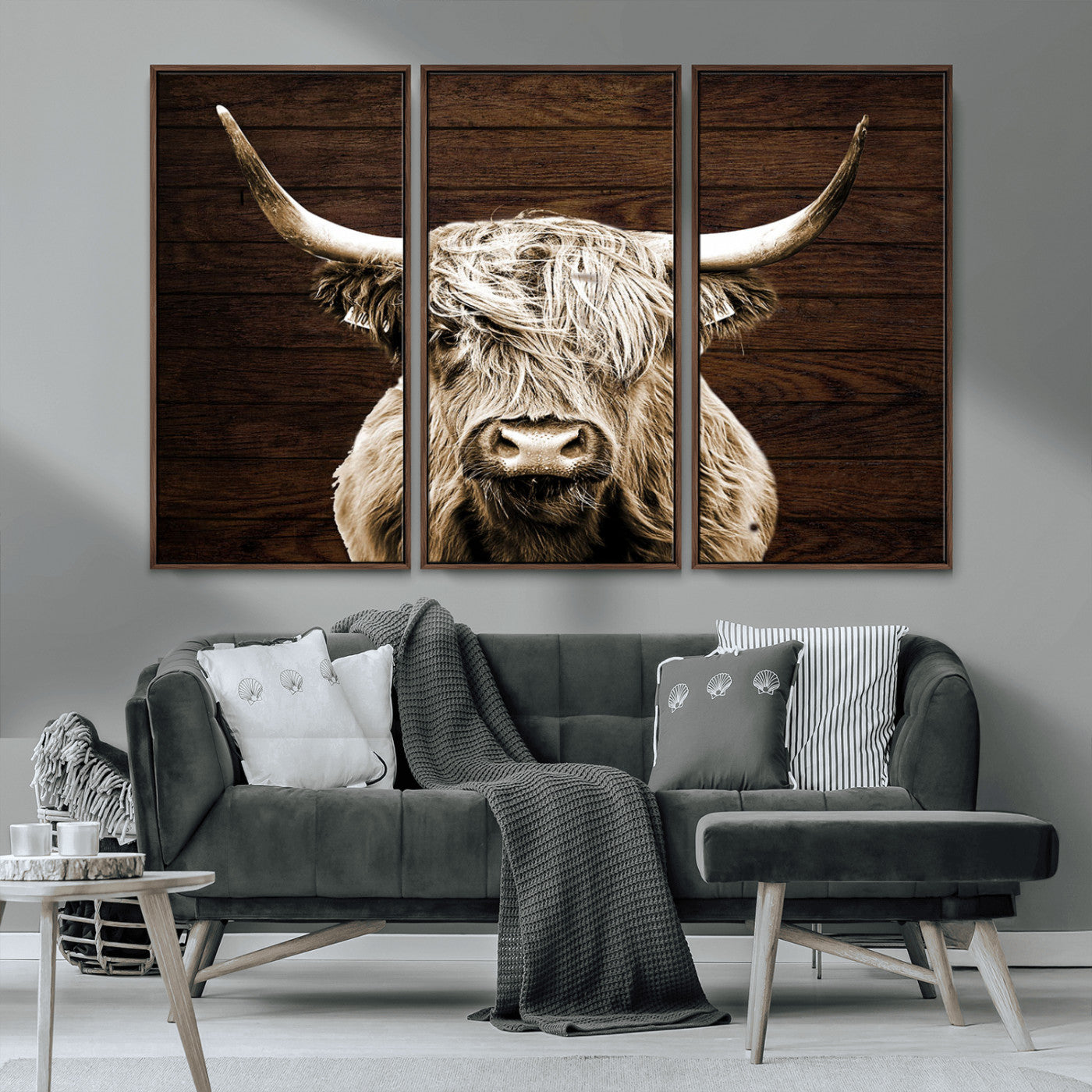 MGV-FC-48X32-3P - Highland Cow Wall Art Canvas Print, Rustic Farmhouse Decor, Majestic Scottish Highland Bull Portrait
