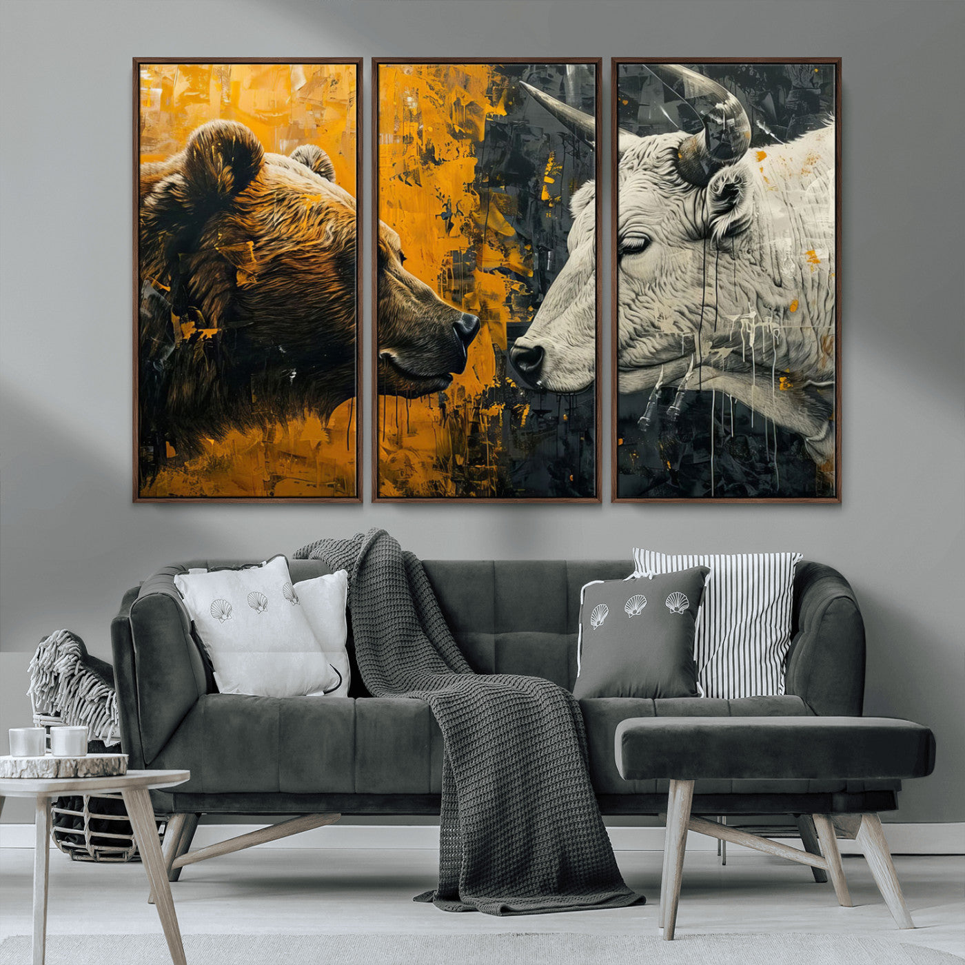 MGV-FC-48X32-3P - Bear and Bull Wall Art Canvas Print – Abstract Animal Portrait Painting for Modern Home Decor –