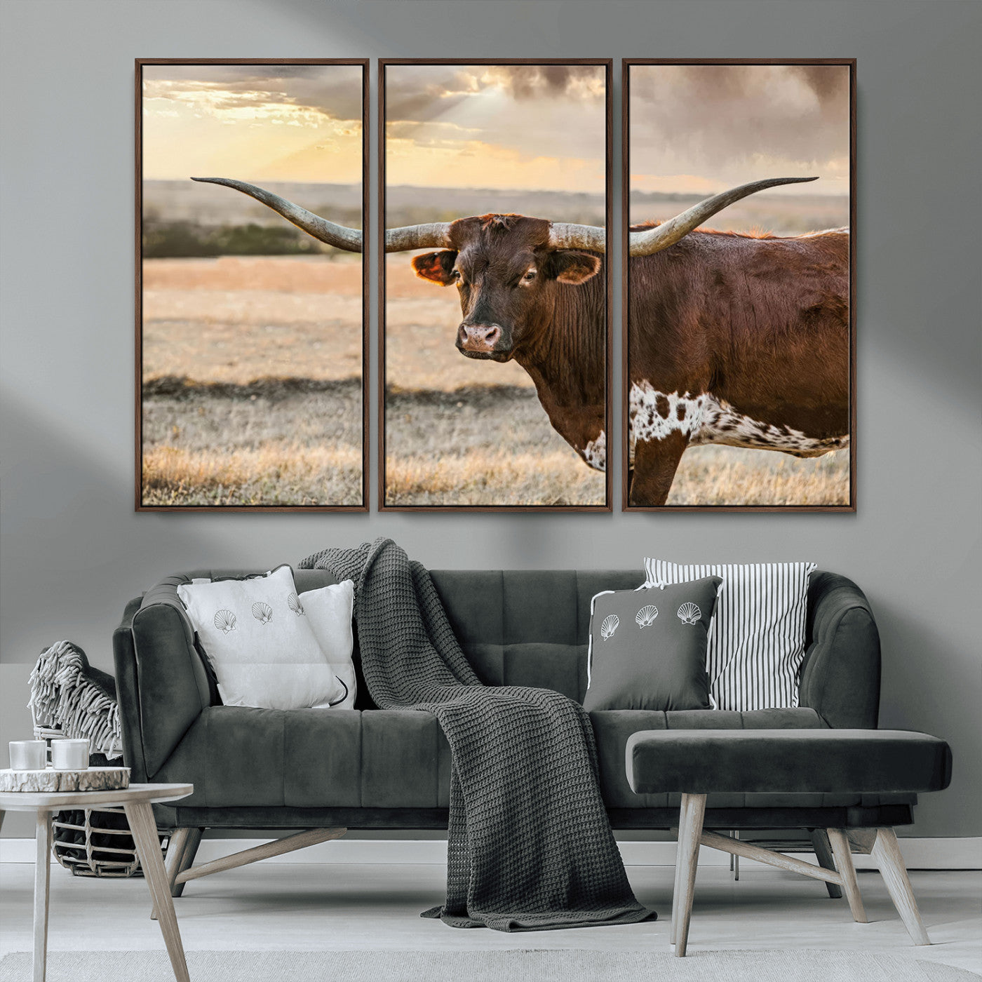 MGV-FC-48X32-3P - Texas Longhorn Wall Art Canvas Print, Rustic Ranch Decor, Majestic Western Longhorn Cattle