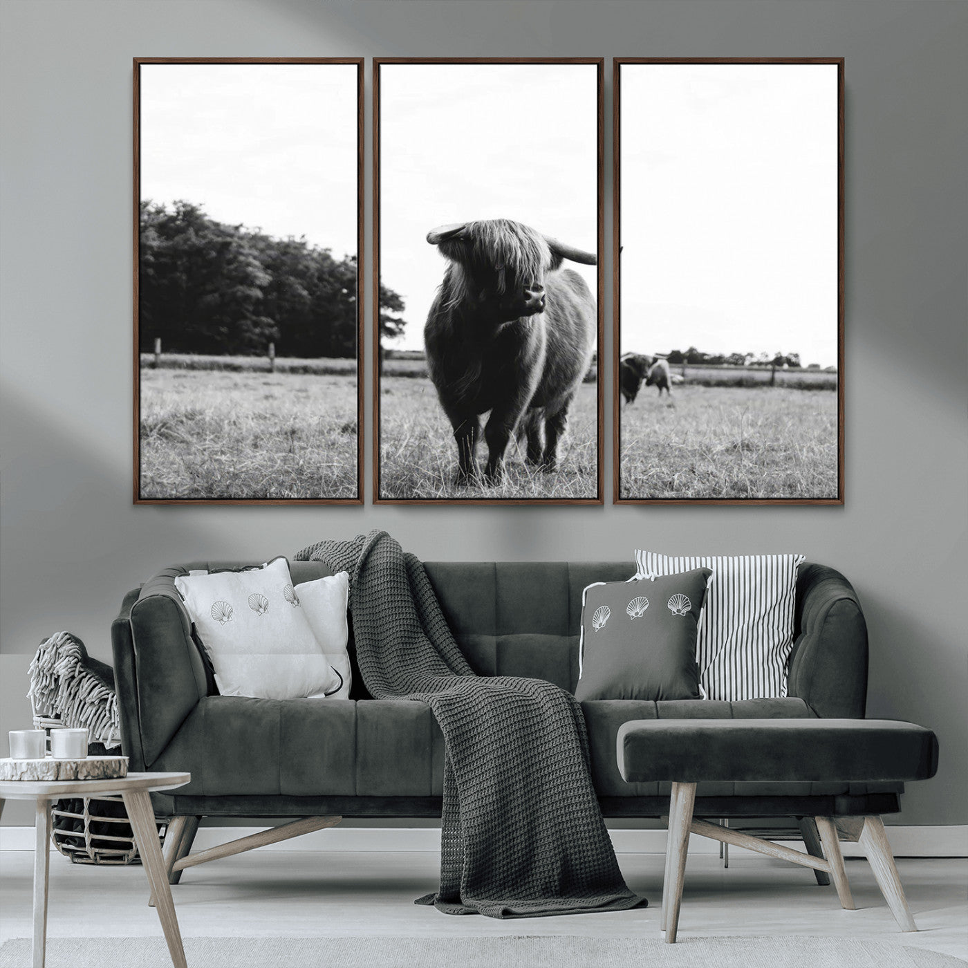 MGV-FC-48X32-3P - Black and White Highland Cow Wall Art Canvas Print | Rustic Western Decor for Living Room or Office,