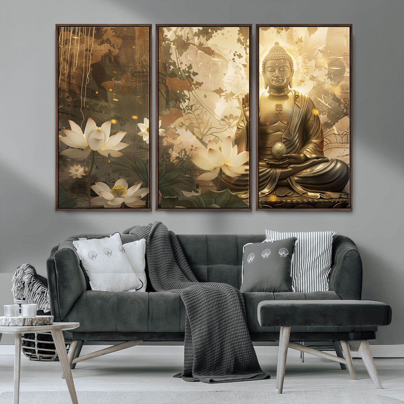 MGV-FC-48X32-3P - Zen Buddha Wall Art Canvas Print | Peaceful Meditation Decor with Lotus Flowers | Spiritual Serenity