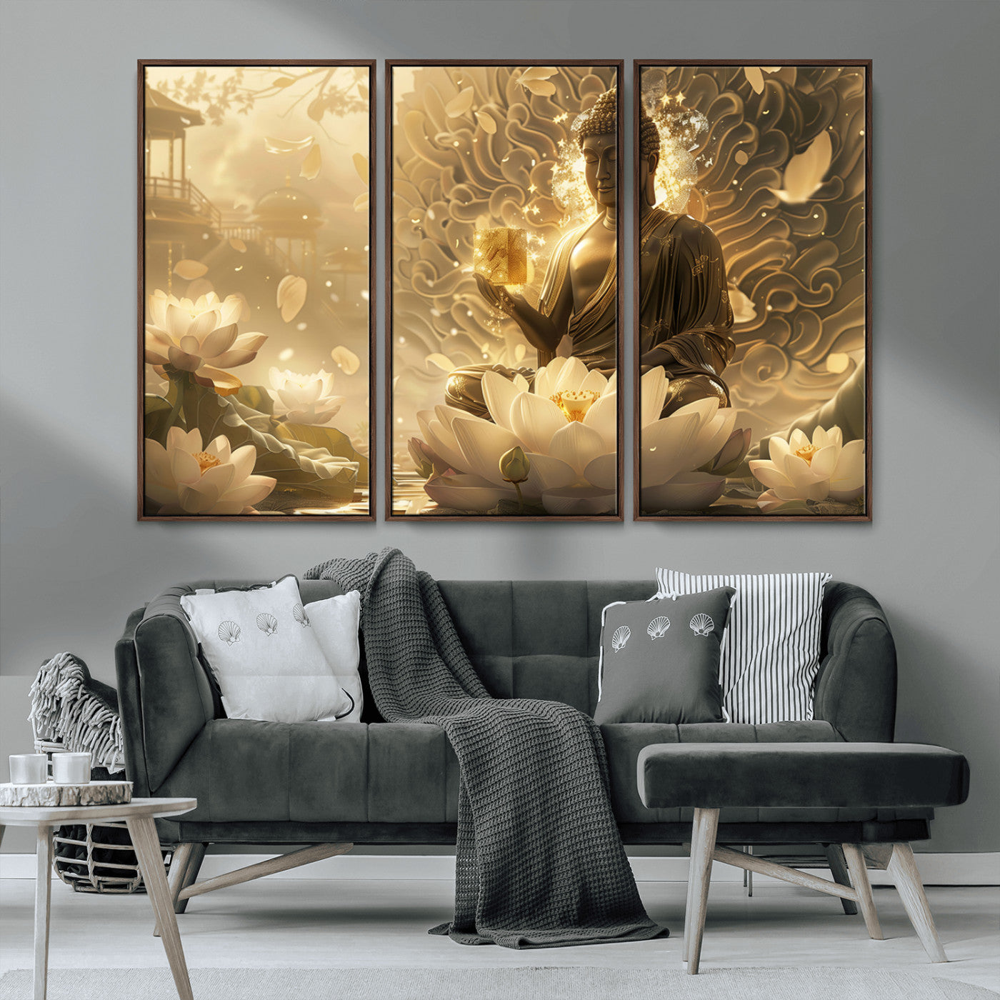 MGV-FC-48X32-3P - Golden Buddha Wall Art | Yoga Room Decor and Meditation Room Wall Art | Framed and Ready to Hang