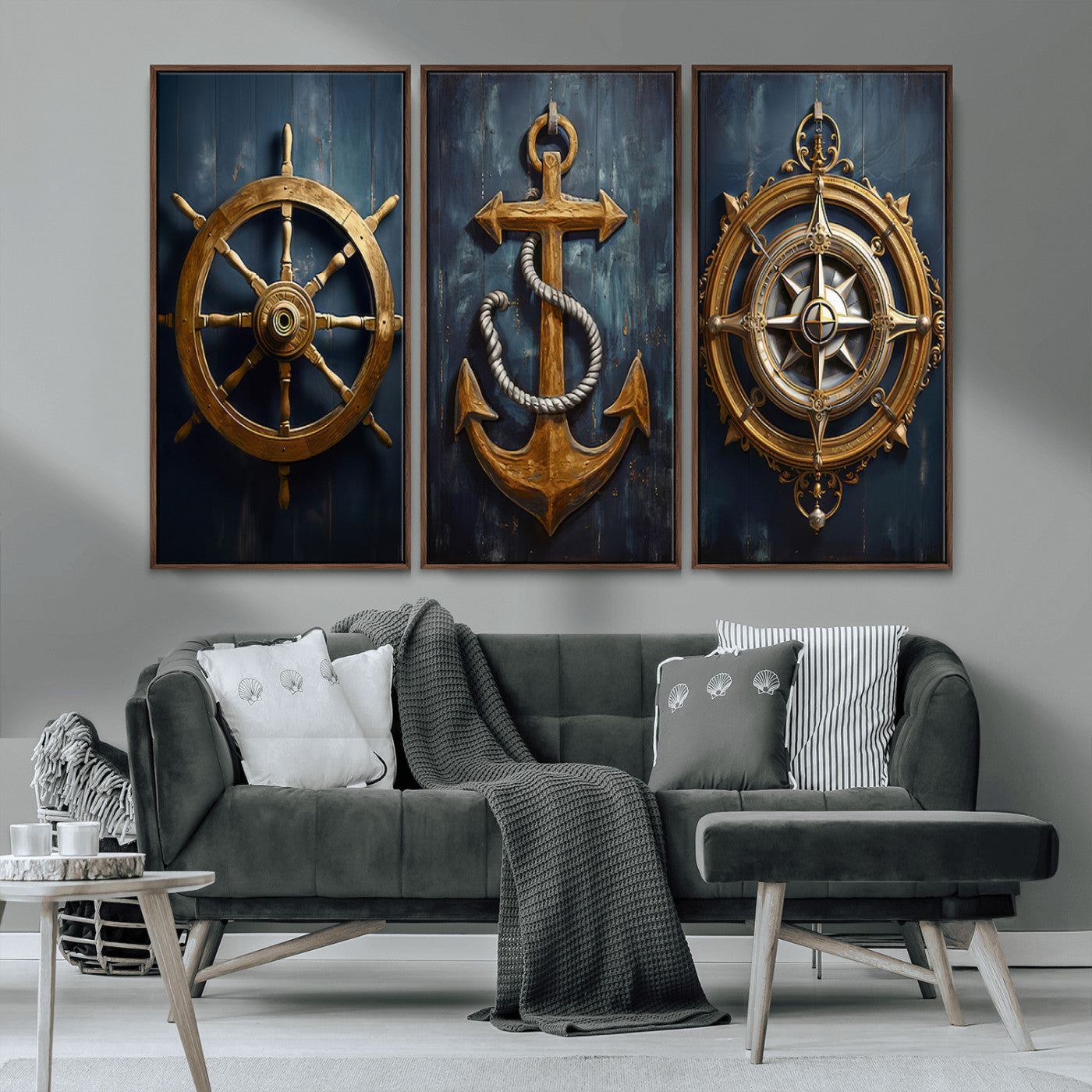 MGV-FC-48X32-3P - Boat Anchor Compass With Rope Wall Art Canvas Print | Beach House Wall Art