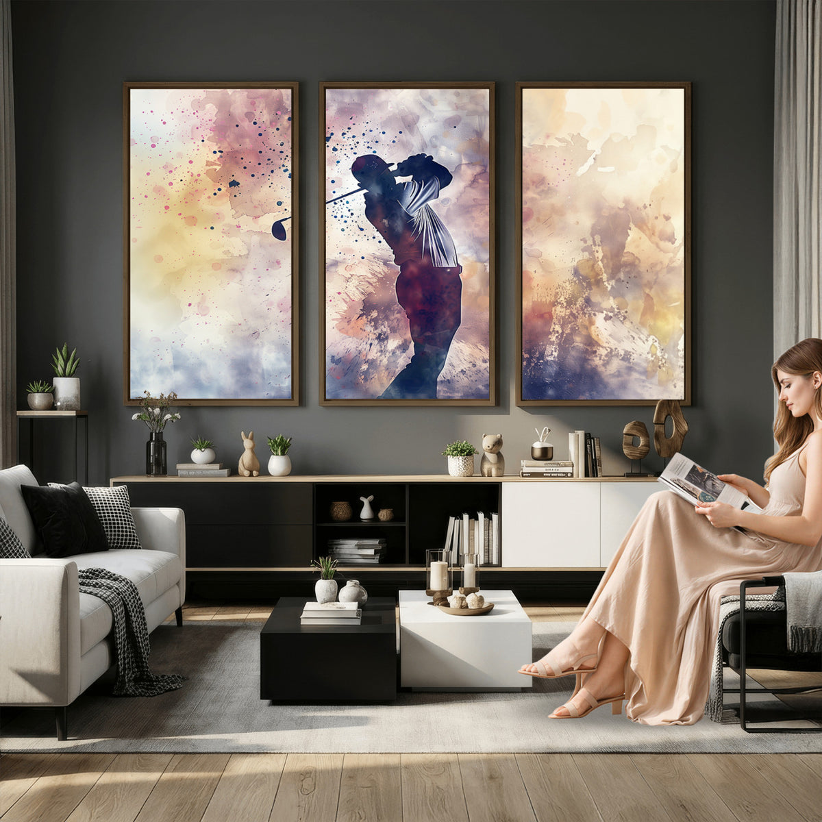 10848-MGV-CV-36X24 - Abstract Watercolor Golf Player Wall Art Canvas Print