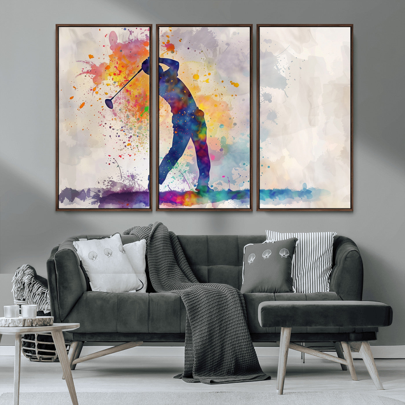 MGV-FC-48X32-3P - Watercolor Golf Swing Wall Art Canvas Print | Vibrant Abstract Golf Player Silhouette |