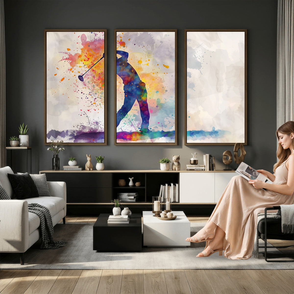 89625-MGV-CV-36X24 - Vibrant Watercolor Golf Swing Wall Art Canvas Print | Extra Large 3 Piece Canvas Wall Art