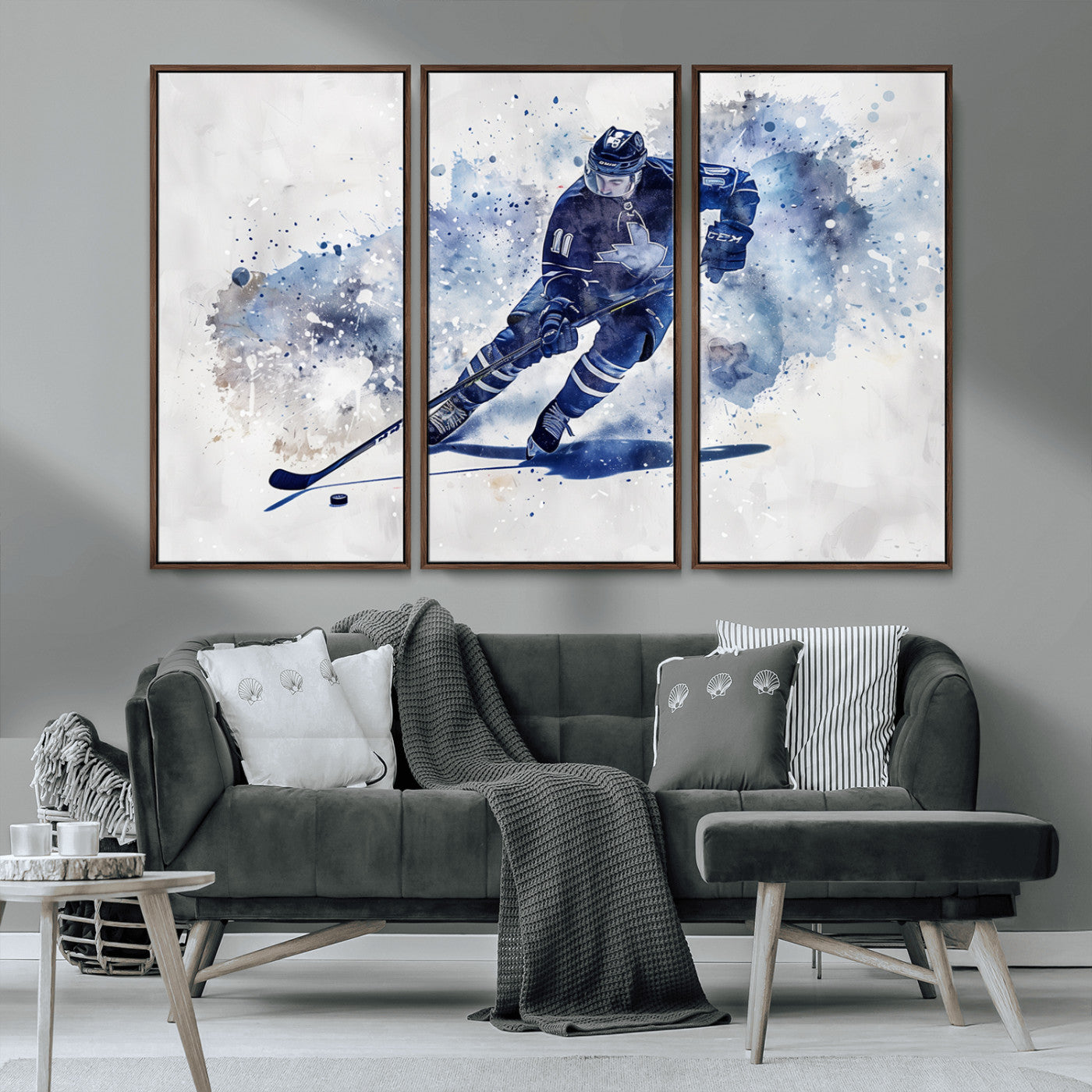 MGV-FC-48X32-3P - Hockey Player Wall Art Canvas Print - Sports-Inspired Watercolor Decor - Ready to Hang