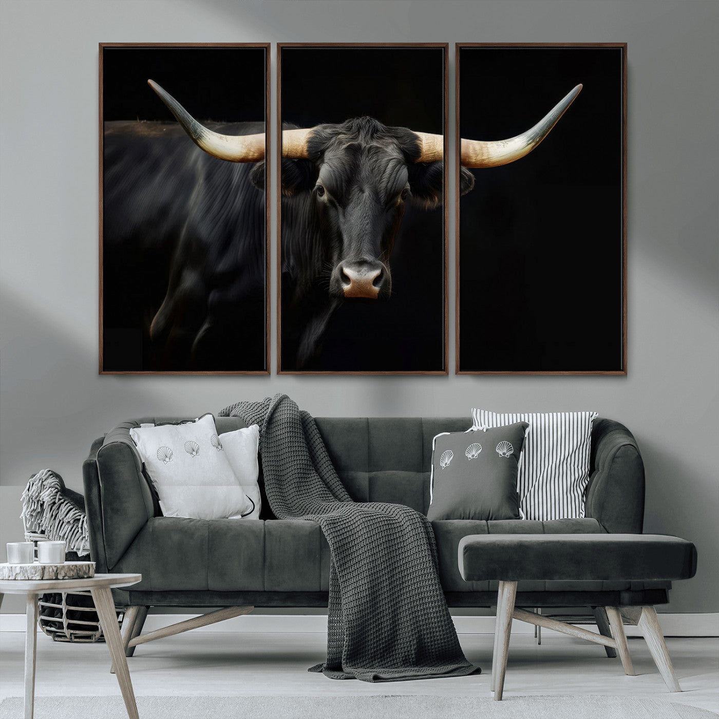 MGV-FC-48X32-3P - Texas Longhorn Cow | Majestic Black Bull Wall Art Canvas Print - Farmhouse Animal Decor - Ready to