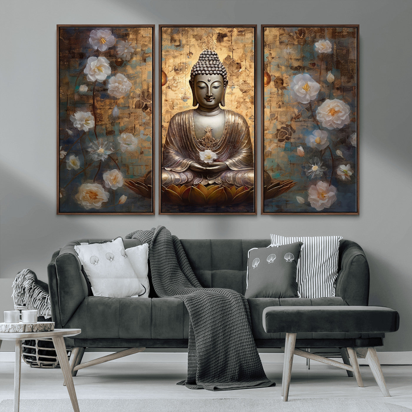 MGV-FC-48X32-3P - Golden Buddha Wall Art Canvas Print | Zen Meditation Floral Decor | Tranquil Spiritual Home Art |