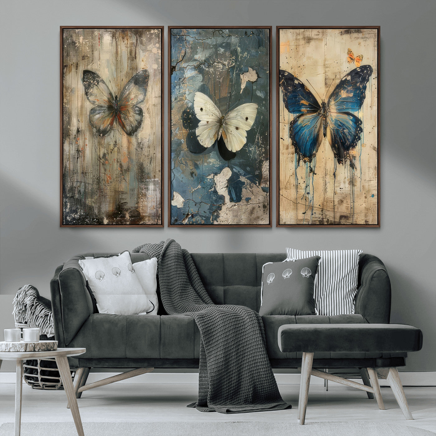 MGV-FC-48X32-3P - Butterfly Wall Art Trio | Vintage Butterfly Canvas Print | Ready to Hang Framed Artwork for