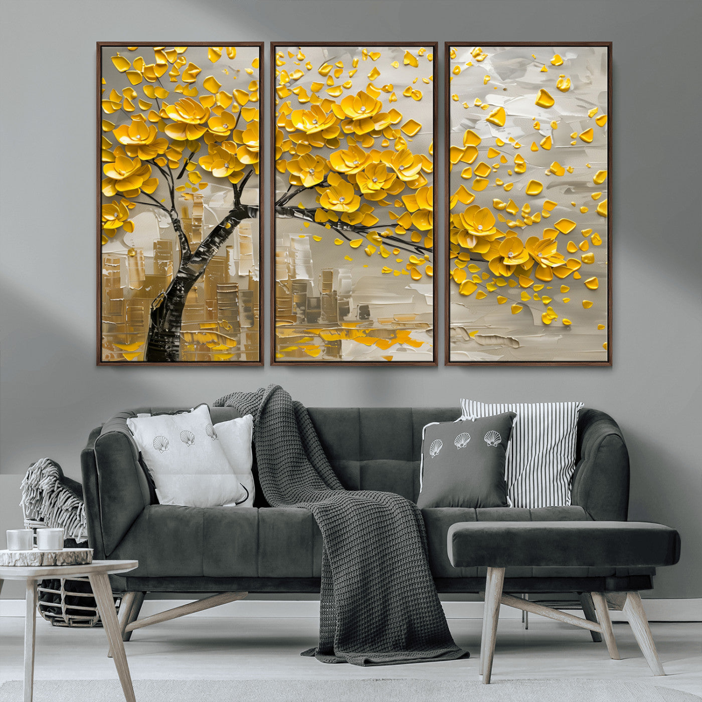 MGV-FC-48X32-3P - Yellow Blossom Tree Canvas Wall Art - Floral Abstract Modern Contemporary Artwork for Living Room or