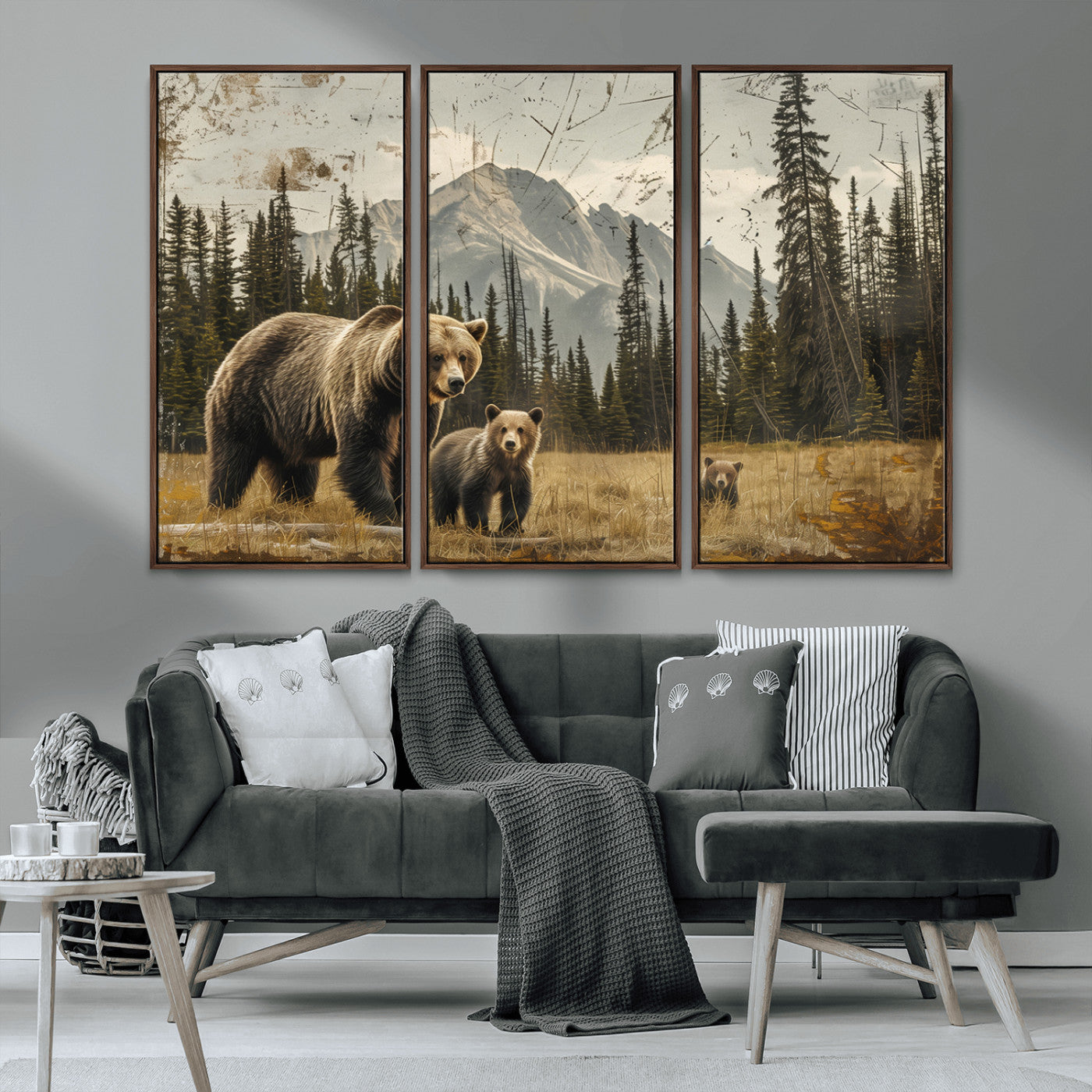 MGV-FC-48X32-3P - Rustic Grizzly 399 Bear Family Wall Art Canvas Print