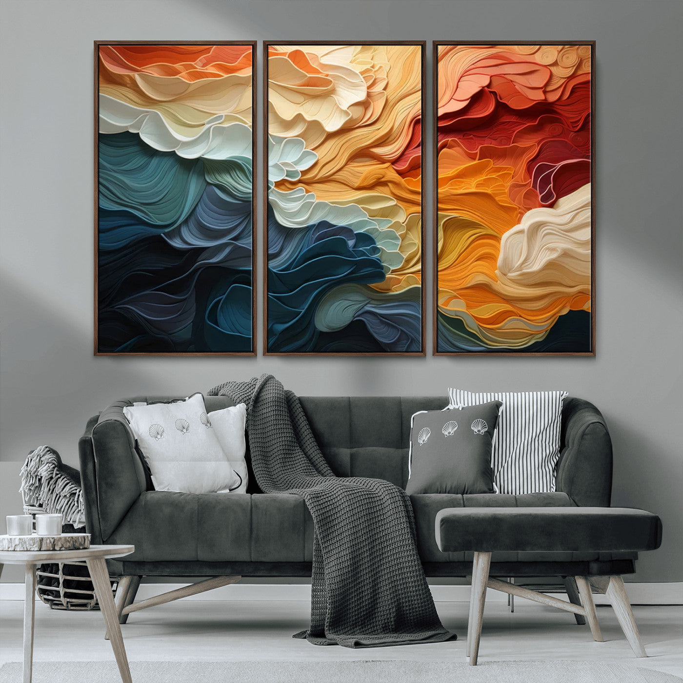 MGV-FC-48X32-3P - Blue Orange Abstract Wave Wall Art Canvas Print, Framed Blue Orange Wave Wall Art