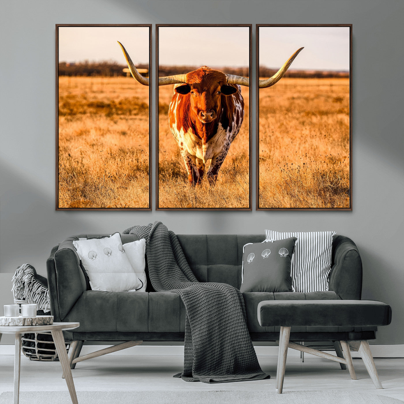 MGV-FC-48X32-3P - Longhorn Cow Wall Art | Ready to Hang Framed Canvas Print for Farmhouse and Barn Decor