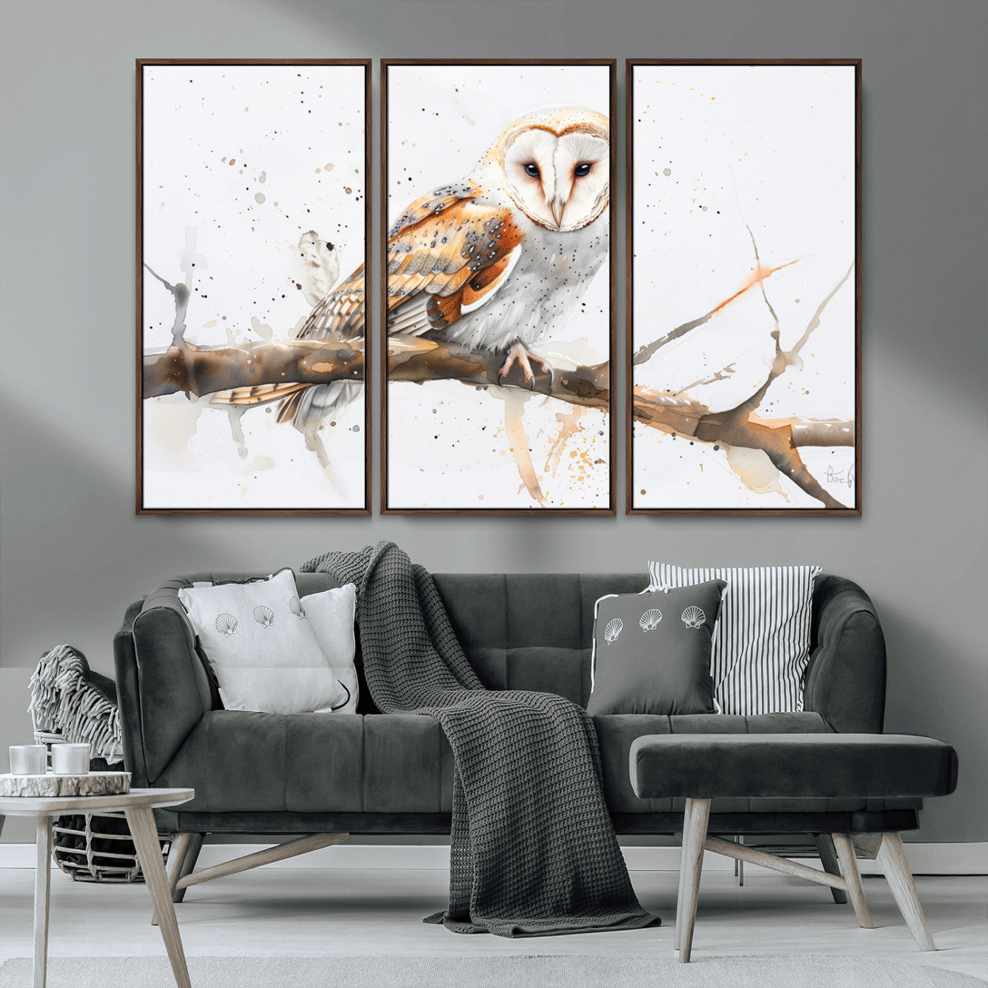 MGV-FC-48X32-3P - Barn Owl Wall Art on Branch | Stunning Canvas Print for Nature Lovers | Ready to Hang and Framed