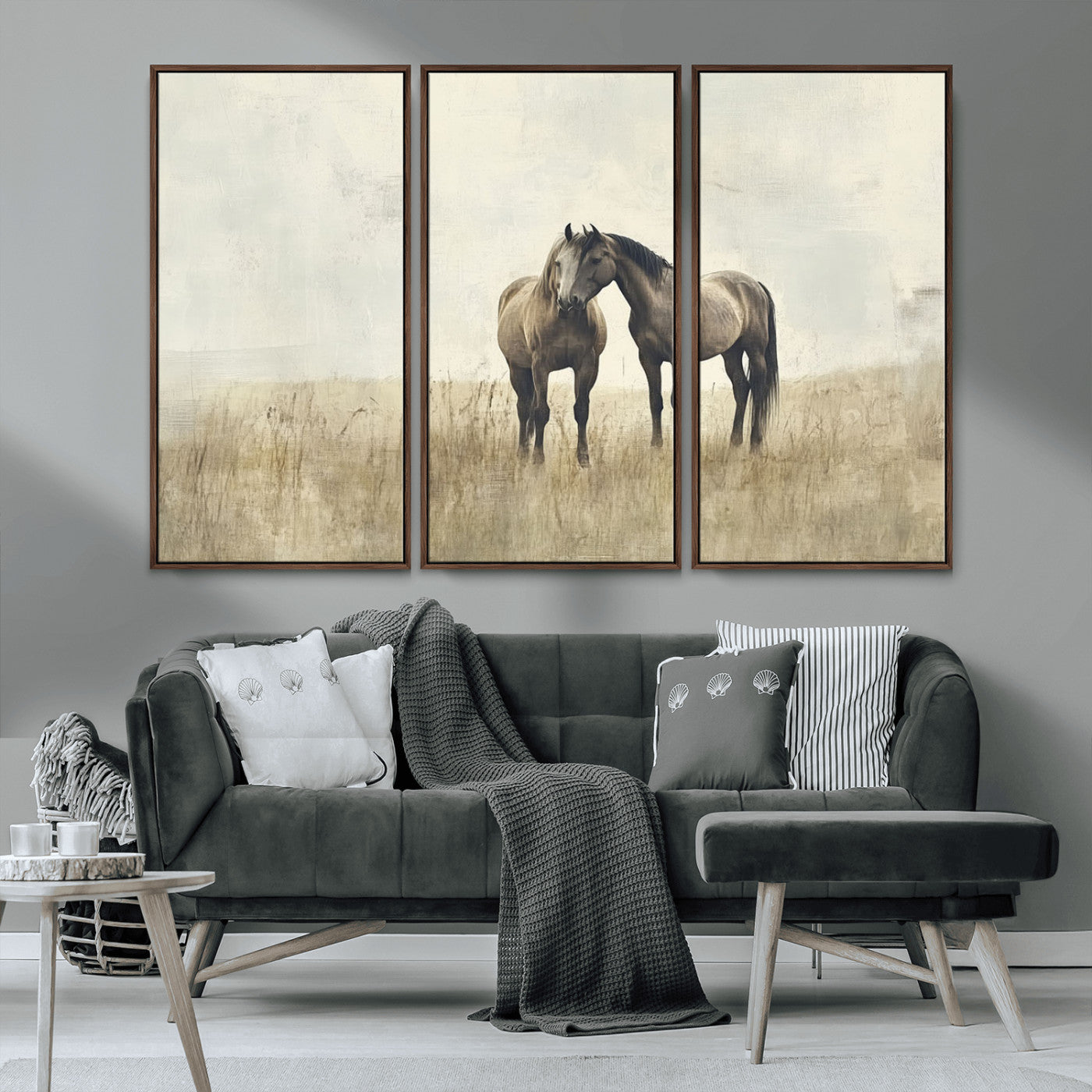 MGV-FC-48X32-3P - Chines Style Grunge Horses Wall Art Canvas Print