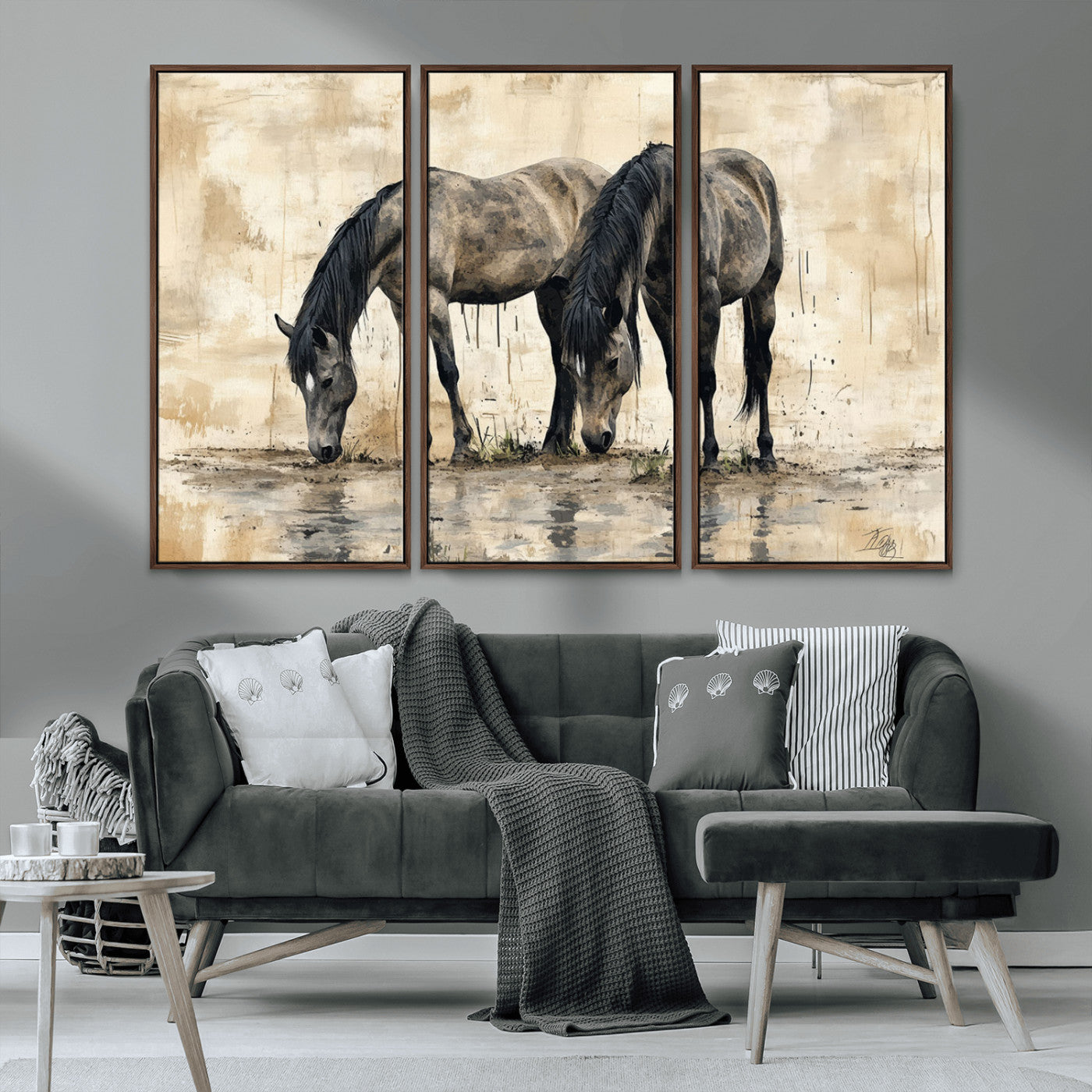MGV-FC-48X32-3P - Chinese Style Abstract Black Horses Wall Art Canvas Print - Abstract Horse Wall Art Canvas Print