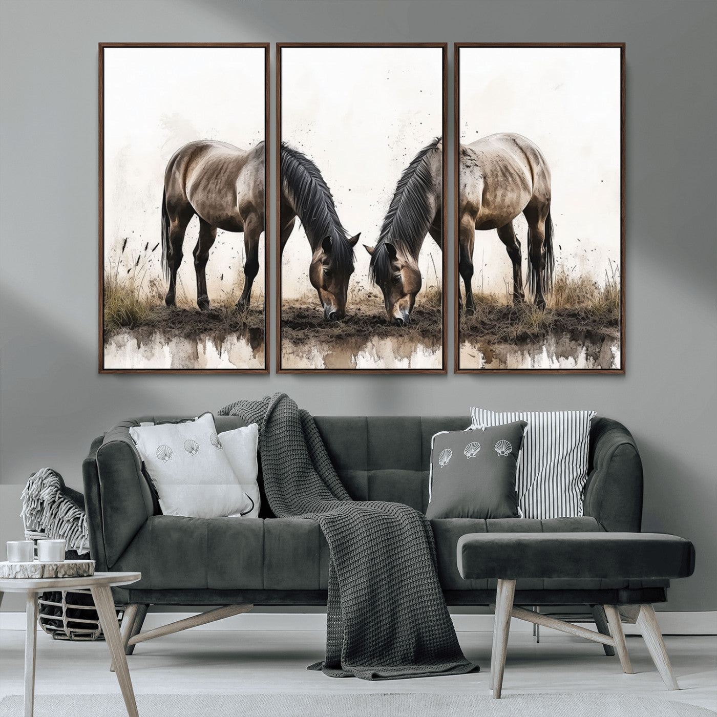 MGV-FC-48X32-3P - Chines Ink Style Horses Wall Art Canvas Print