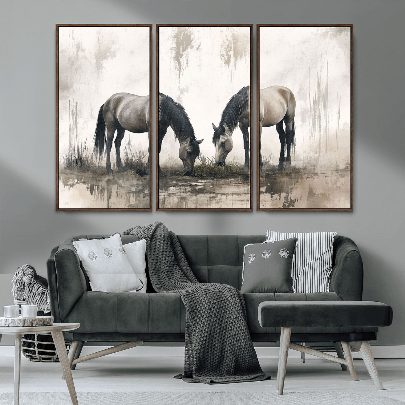 MGV-FC-48X32-3P - Chines Ink Style Vintage Horses Wall Art Canvas Print for Farmhouse Wall Decor