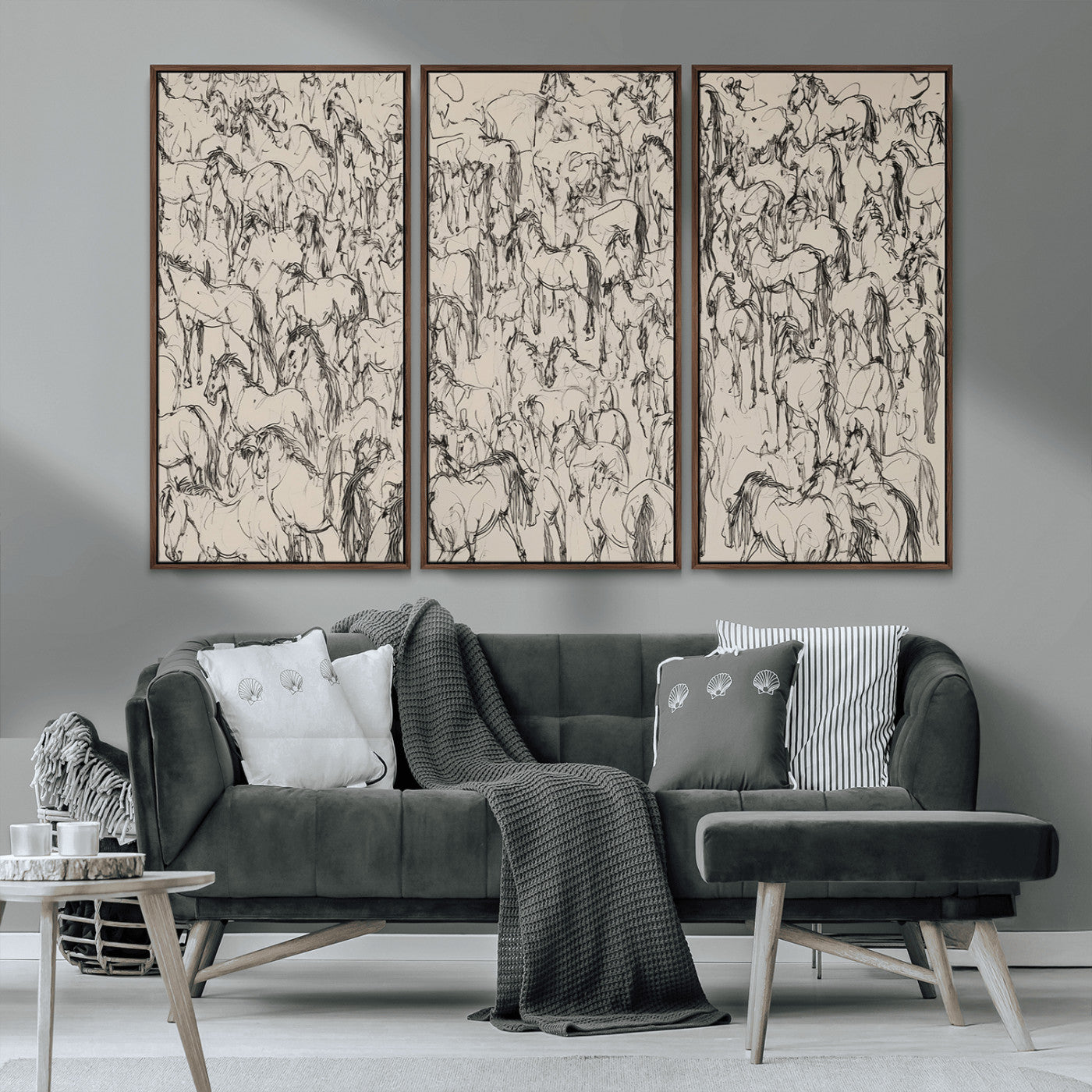 MGV-FC-48X32-3P - Abstract Horse Sketch Wall Art | Ready to Hang and Framed | Farmhouse Wall Decor for Living Room or