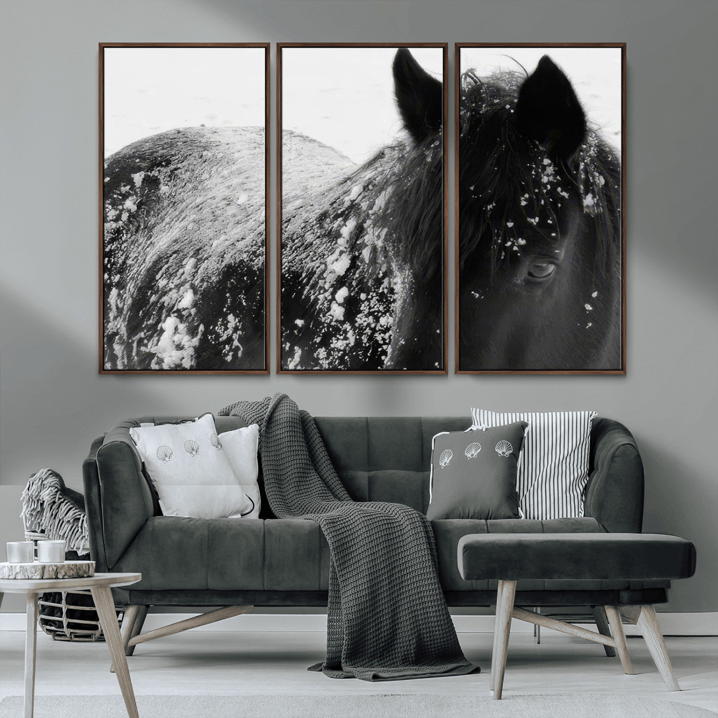 MGV-FC-48X32-3P - Black Horse in Snow Canvas Print | Winter Horse Wall Art | Ready to Hang and Framed | Farmhouse Wall