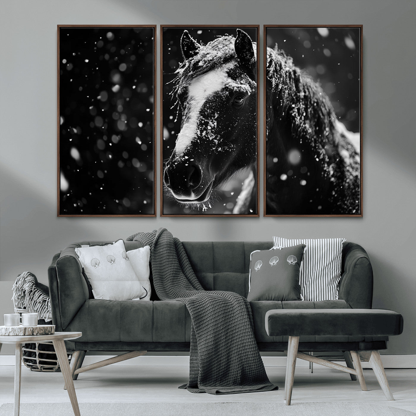 MGV-FC-48X32-3P - Winter Horse Wall Art | Black and White Horse Print | Ready to Hang and Framed | Farmhouse Wall Art
