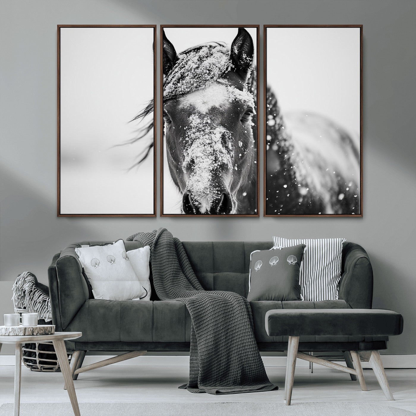 MGV-FC-48X32-3P - Western Wall Art | Black and White Winter Horse Wall Art | Ready to Hang and Framed | Farmhouse and