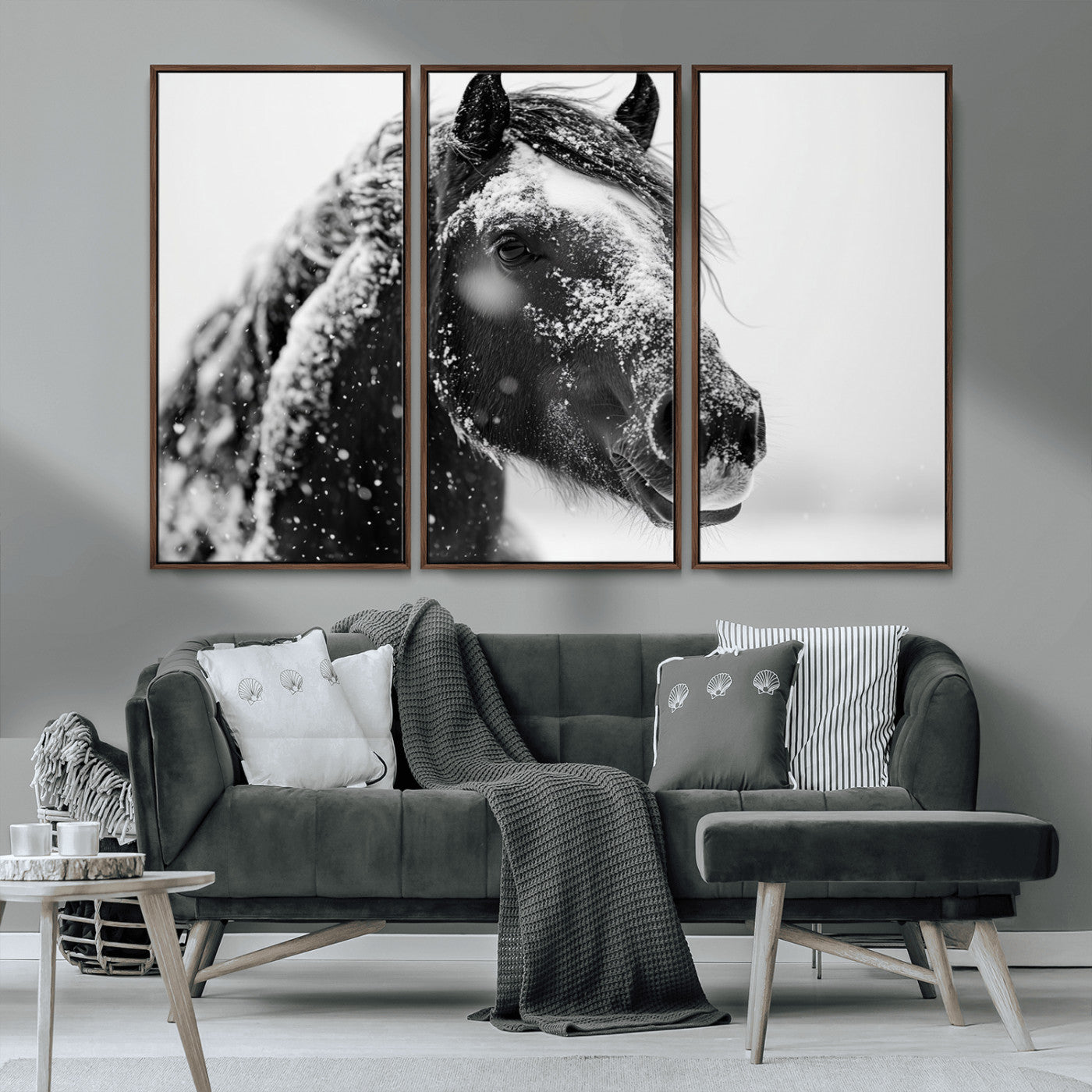 MGV-FC-48X32-3P - Winter Horse Canvas Print | Large 3-Panel Black White Equine Photography for Rustic Farmhouse Wall
