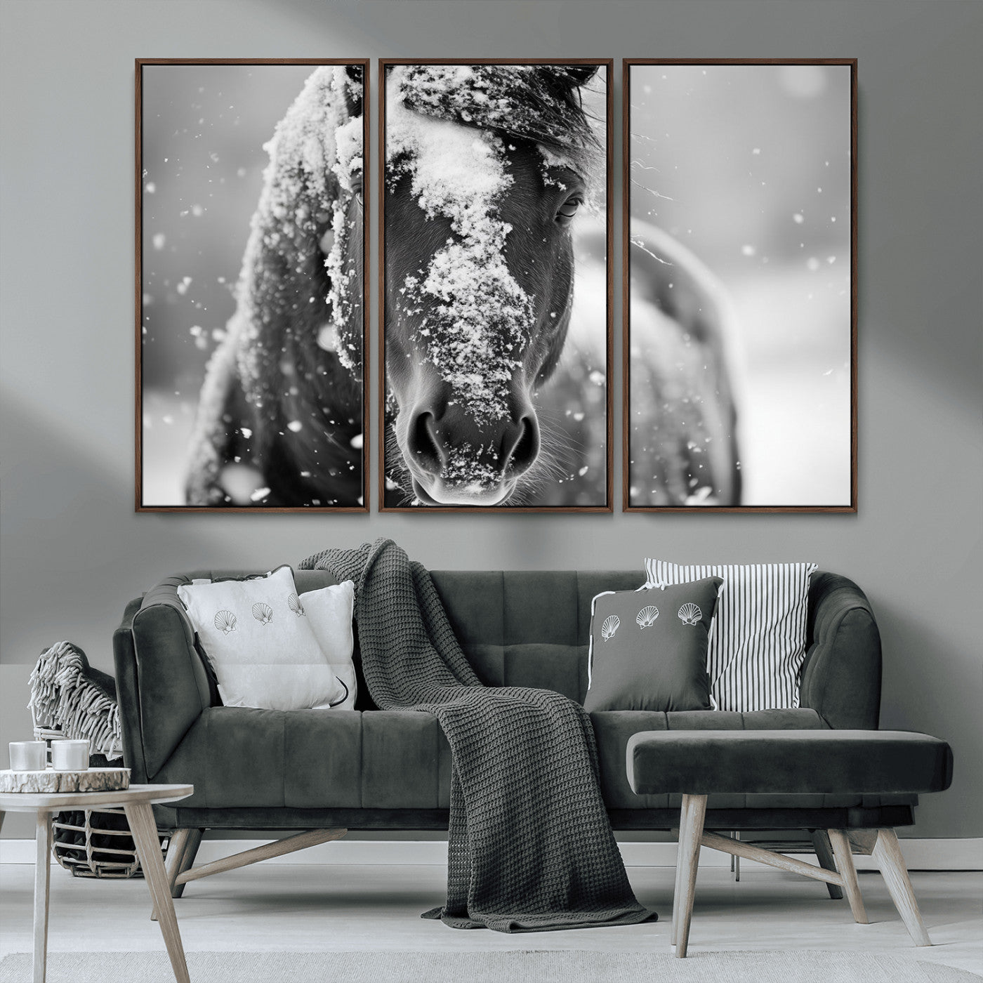 MGV-FC-48X32-3P - Black and White Horse Winter Wall Art | Ready to Hang and Framed | Farmhouse Wall Decor | Western