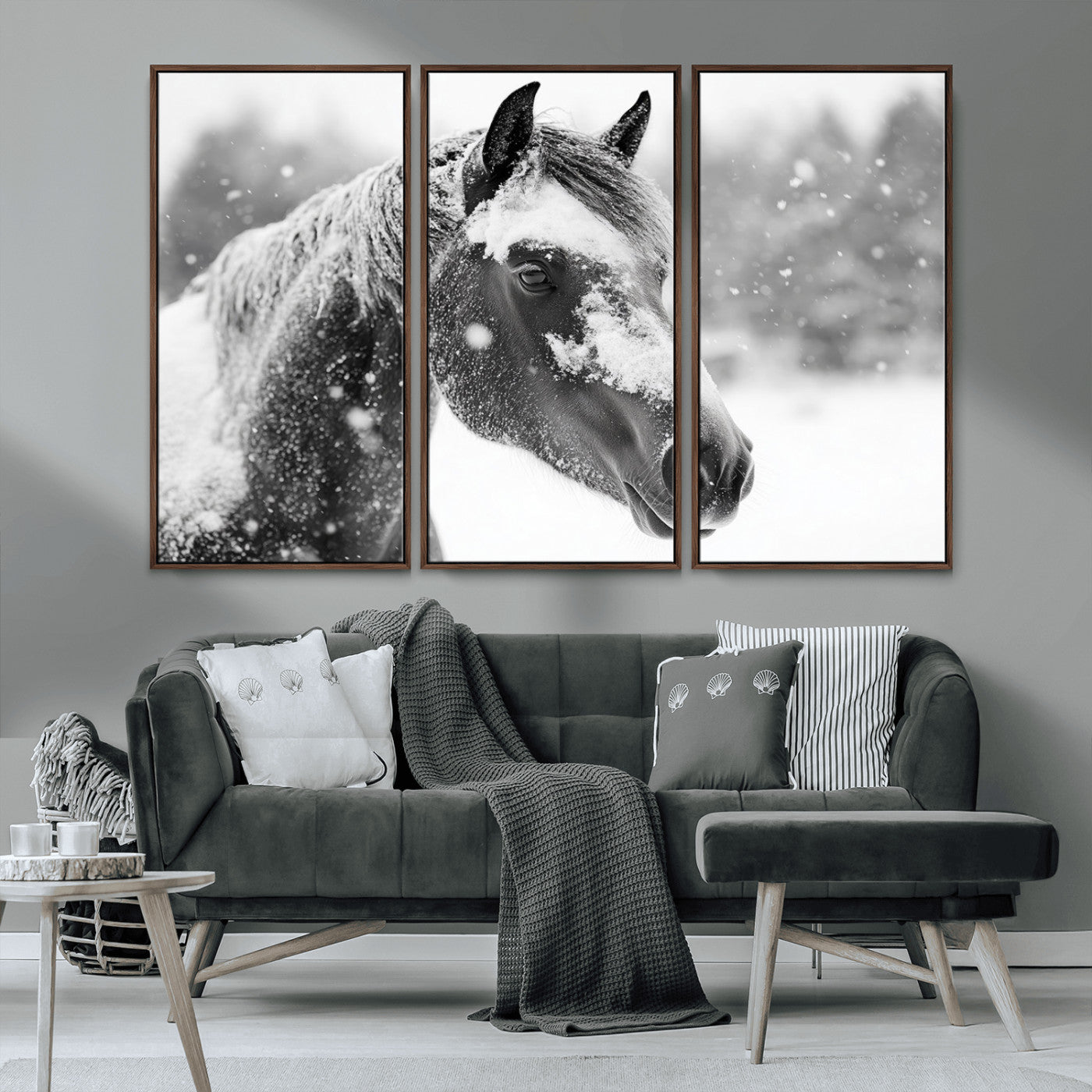 MGV-FC-48X32-3P - Black Horse Winter Wall Art | Ready to Hang and Framed | Farmhouse and Western Wall Decor for Living