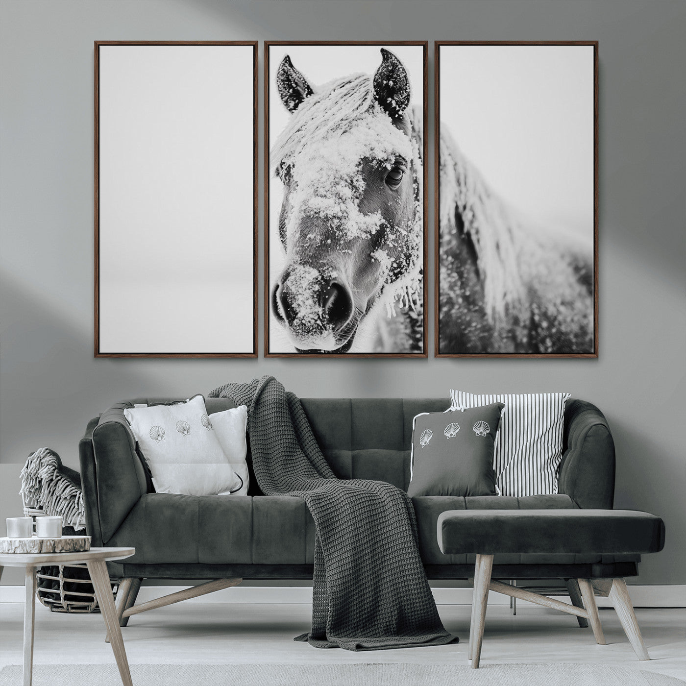 MGV-FC-48X32-3P - White Horse Wall Art | Ready to Hang and Framed | Winter Horse Wall Art Print for Farmhouse and