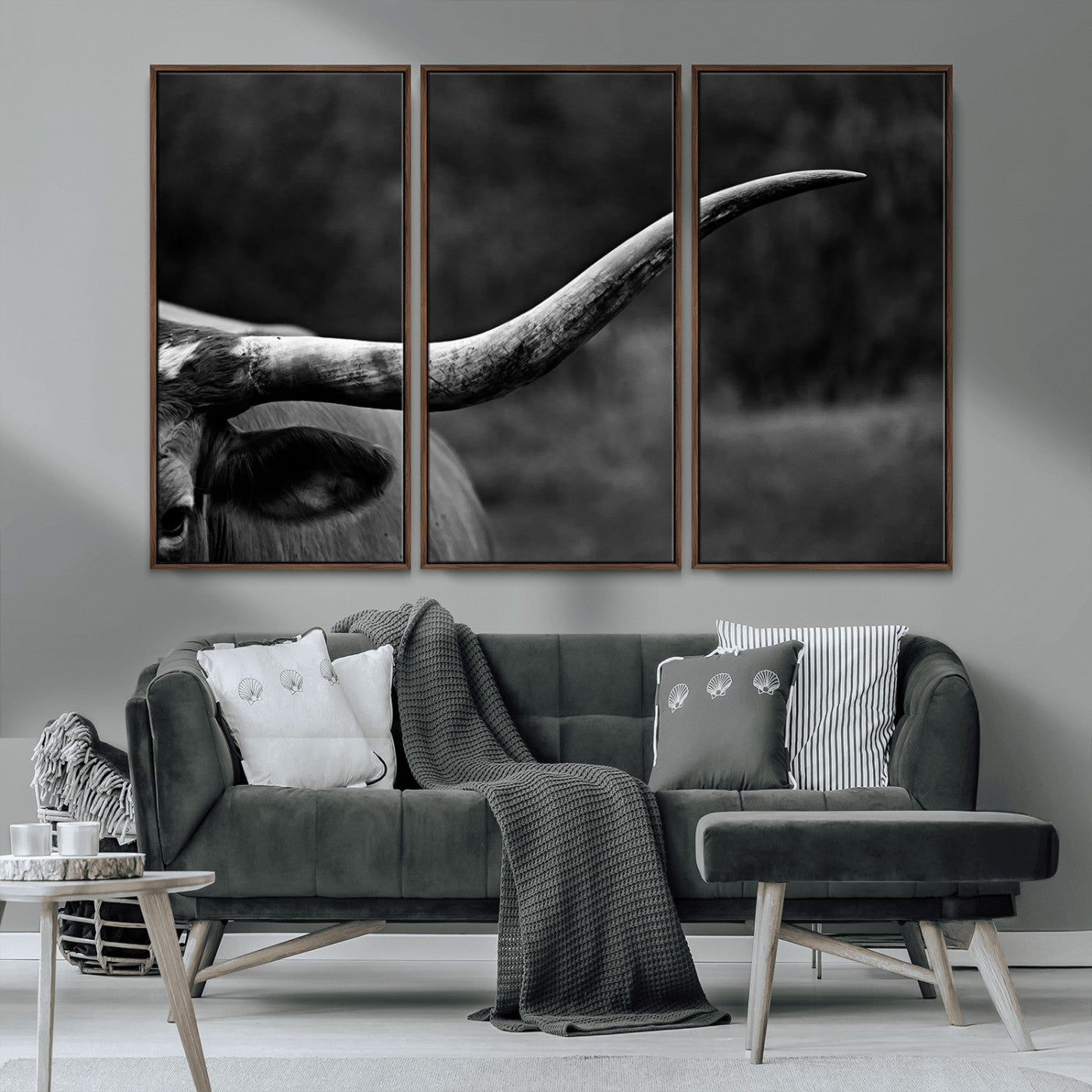 MGV-FC-48X32-3P - Cow Longhorn Wall Art | Black and White Print | Ready to Hang and Framed | Farmhouse Wall Decor |