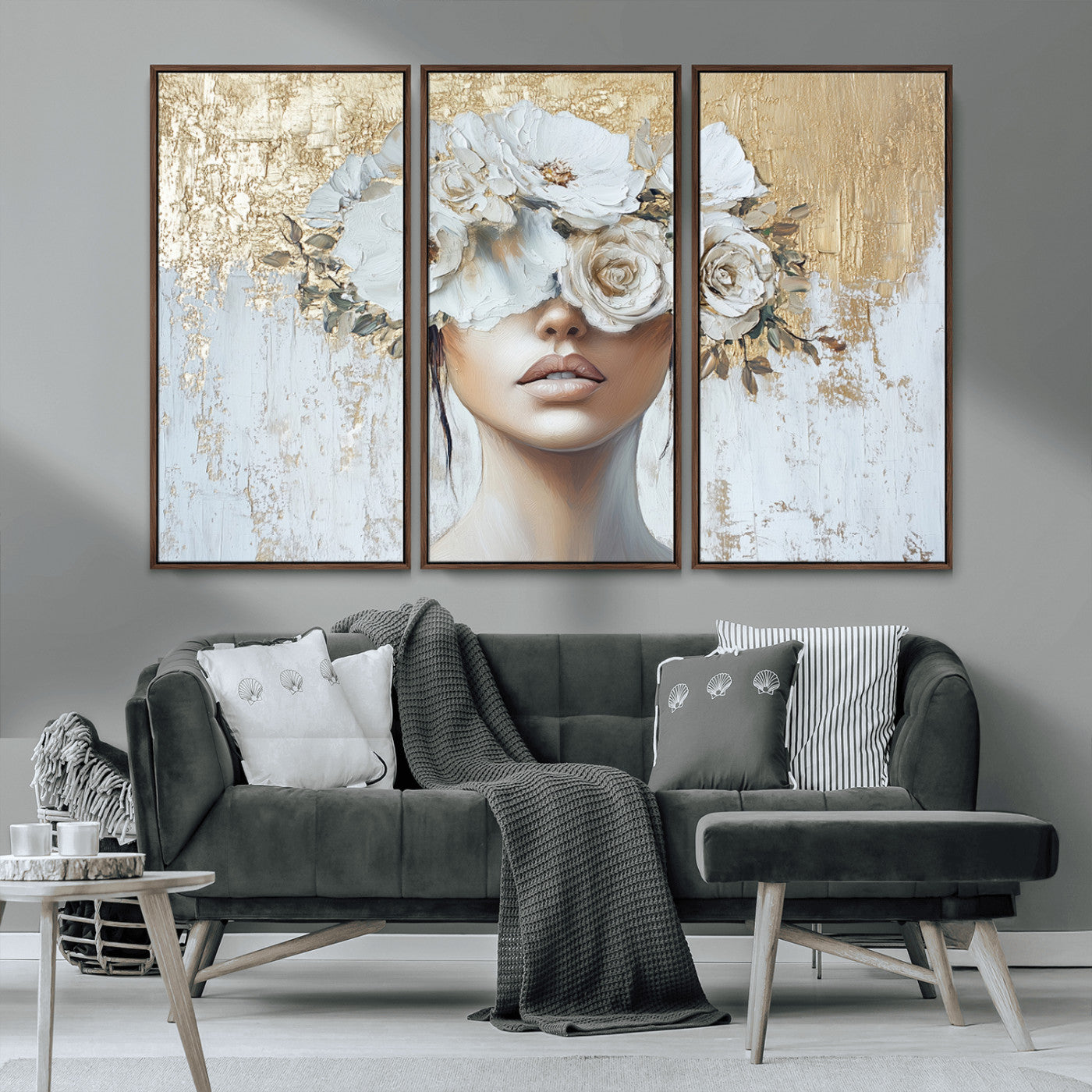 MGV-FC-48X32-3P - Golden Petal Wall Art - Canvas Print Flower Head Woman Painting Floral Woman Portrait Wall Decor,