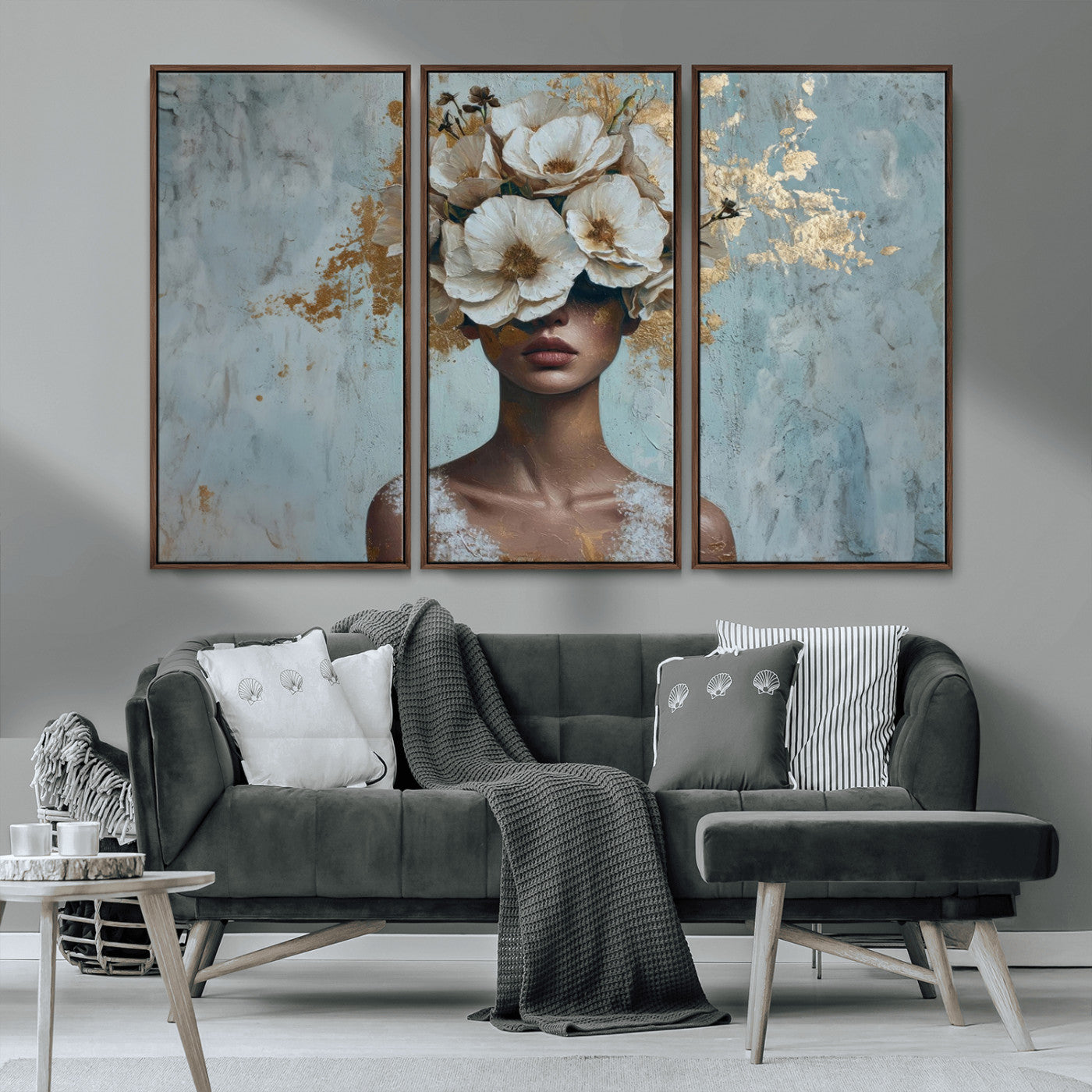 MGV-FC-48X32-3P - Golden Petal Wall Art - Petal Silhouette Woman Wall Art Canvas Print | Large 3-Panel Canvas with
