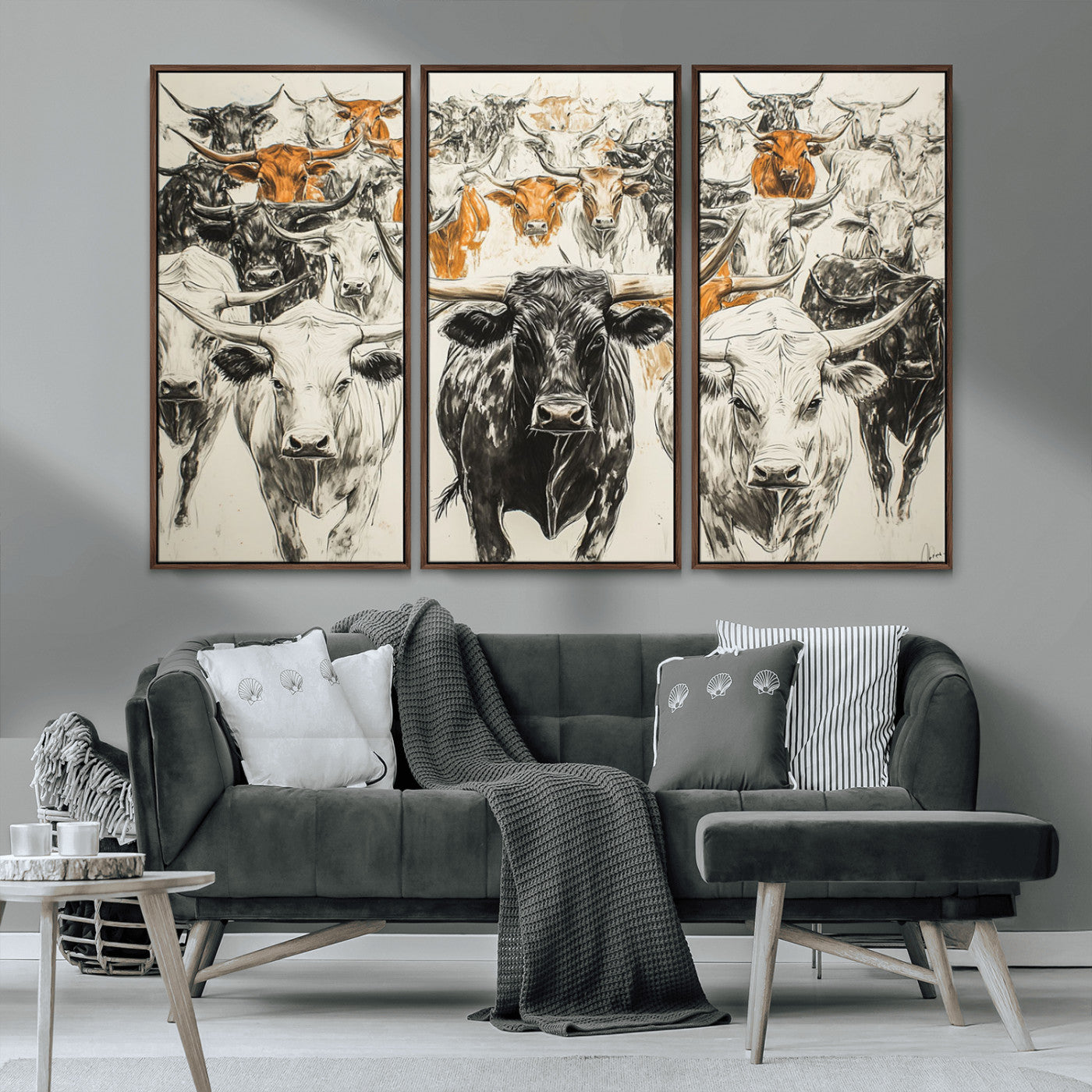 MGV-FC-48X32-3P - Texas Longhorn Wall Art - Herd Canvas Wall Art Print - Abstract Cow Drawing Wall Art Print for
