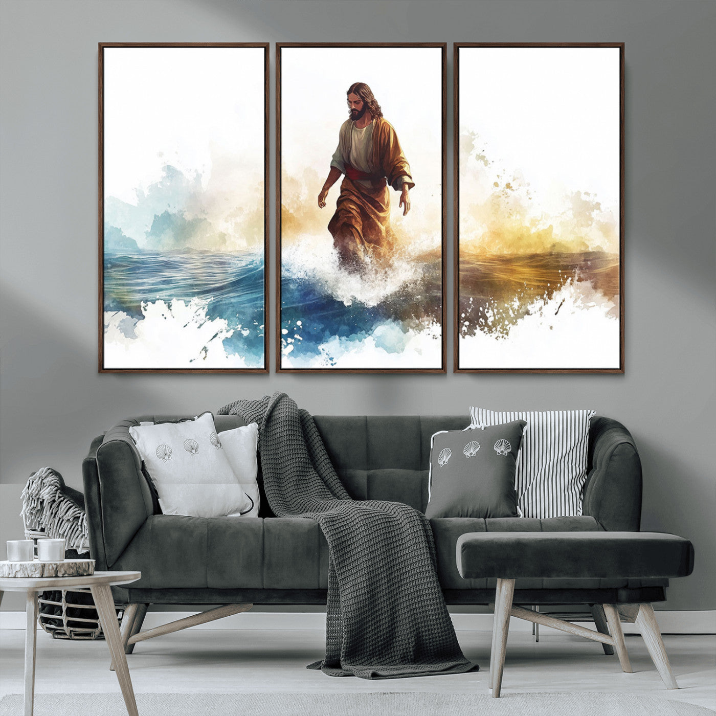 MGV-FC-48X32-3P - Watercolor Jesus Walking Wall Art Print, Jesus Water Canvas Print, Christian Wall Art, Jesus Christ