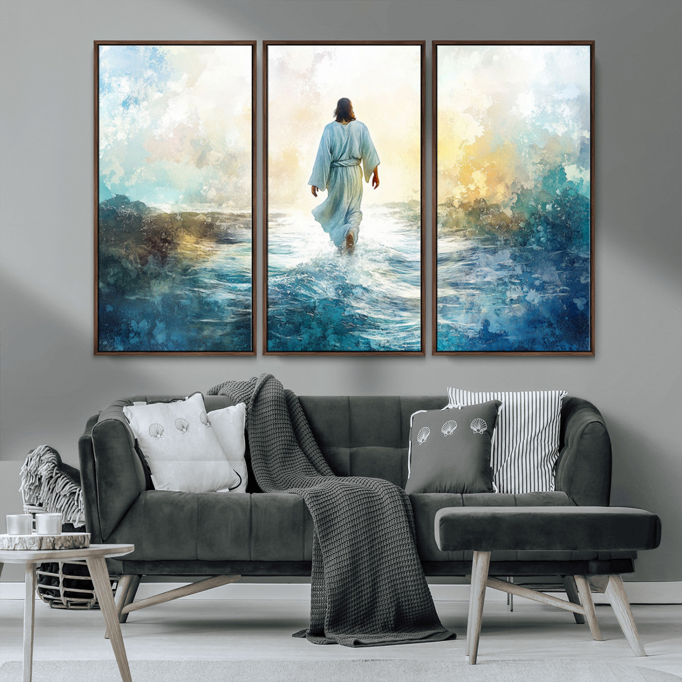 MGV-FC-48X32-3P - Watercolor Jesus Walking on Water Canvas Print, Christian Wall Art, Jesus Christ Walking