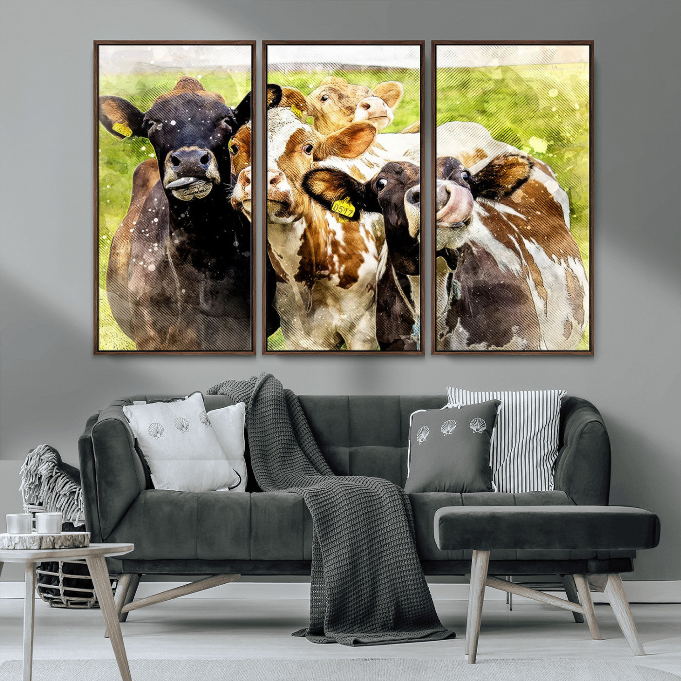 MGV-FC-48X32-3P - Curious Cows Farmhouse Wall Art | Ready to Hang and Framed Canvas Print | Rustic Farm Decor
