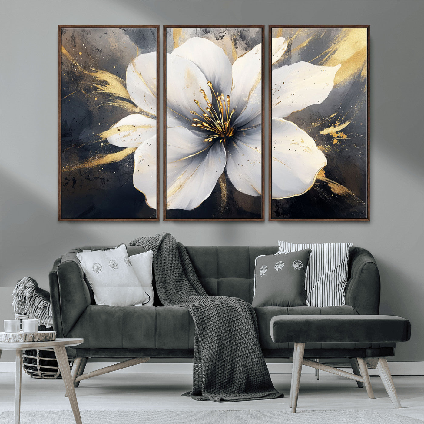 MGV-FC-48X32-3P - White Flower Wall Art Canvas Print | Ready to Hang | Abstract Floral Wall Decor | Elegant Bloom