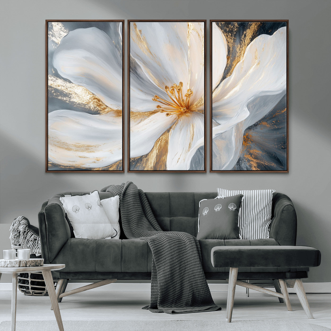 MGV-FC-48X32-3P - White and Gold Floral Canvas Wall Art - Framed and Ready to Hang - Perfect for Modern Living Rooms